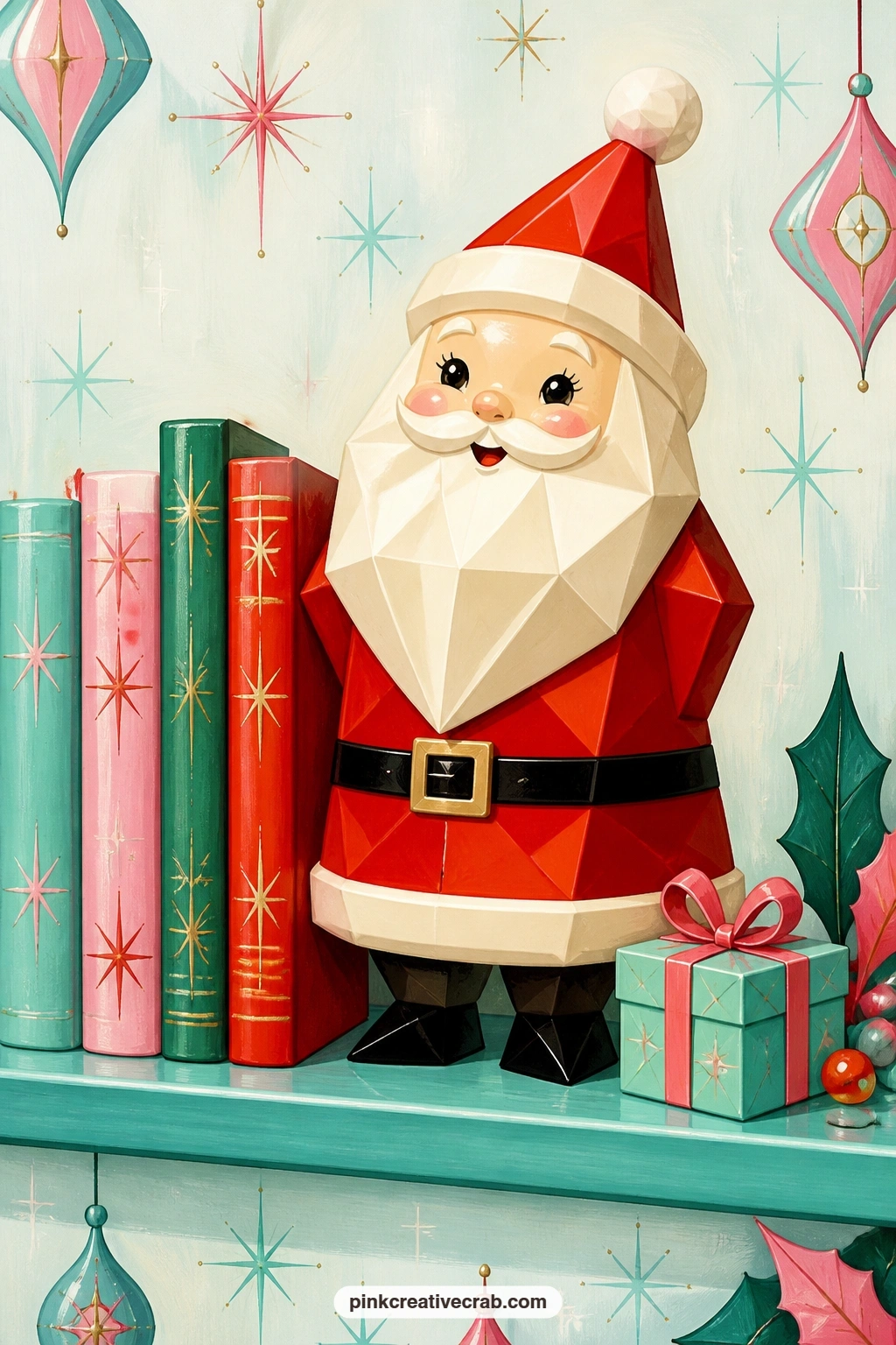 Geometric Bearded Santa On Shelf printable page — Give this page to a reader who collects quirky figurines for her own shelf: the ceramic Santa here has a