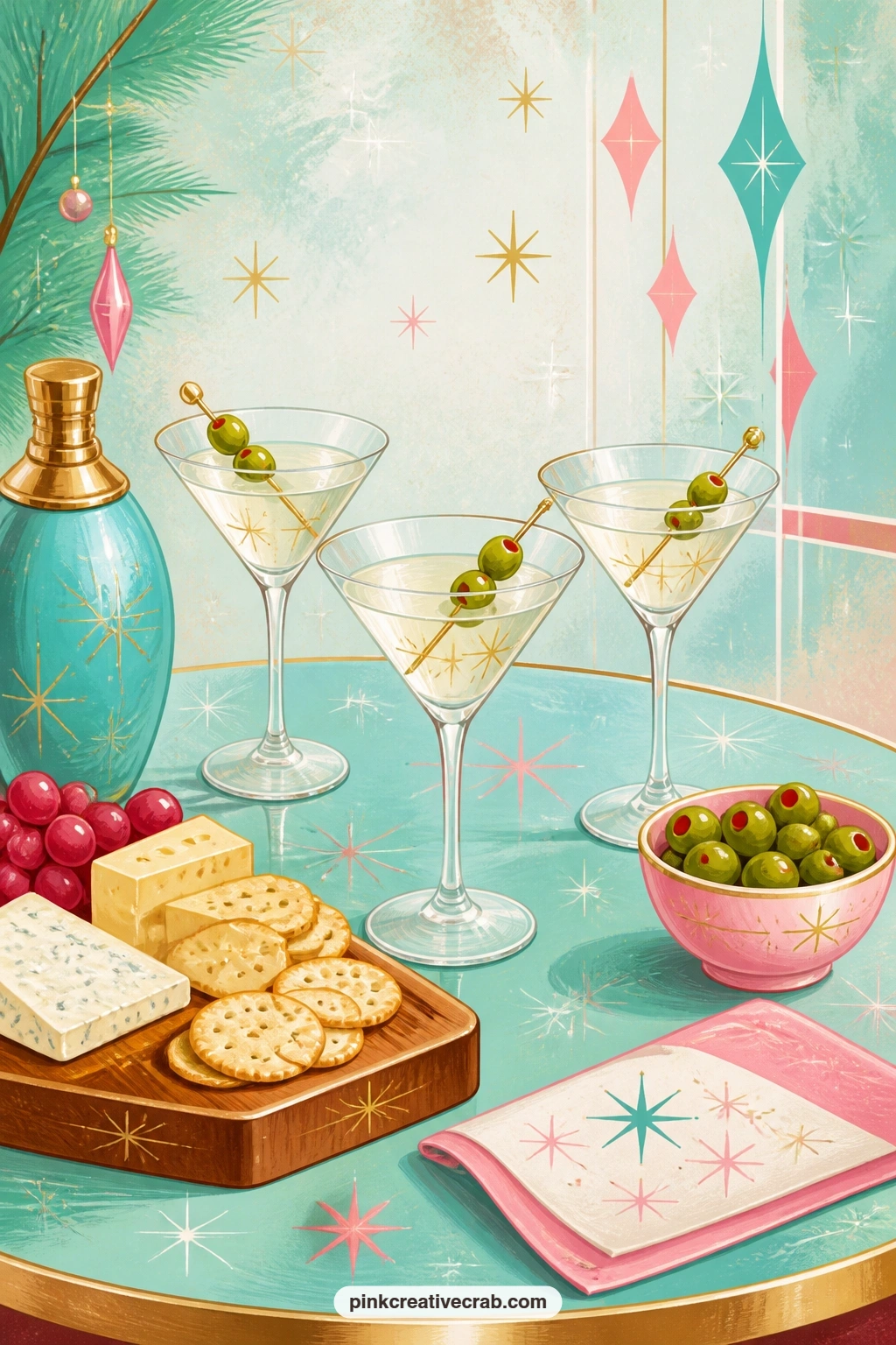 Cocktail Party Table printable page — martini glasses rimmed with sugar sit beside a cheese tray and a small bowl of olives, the whole party table set against