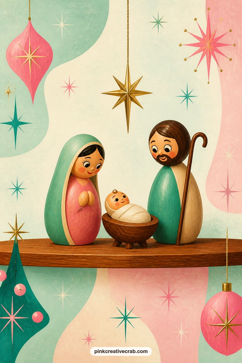 Abstract Nativity On Teak Shelf printable page — A simple nativity made from rounded wooden shapes stands on a teak shelf, three small figures and a tiny star