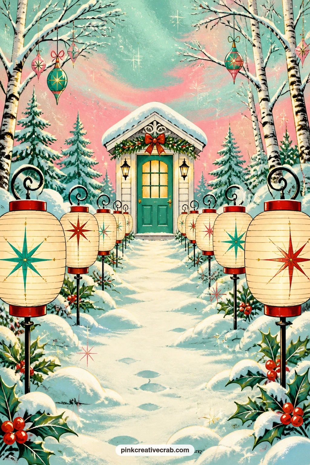 Walkway Of Paper Lanterns printable page — A front walkway lined with glowing paper lanterns cuts through fresh snow toward a lit doorway, the whole path