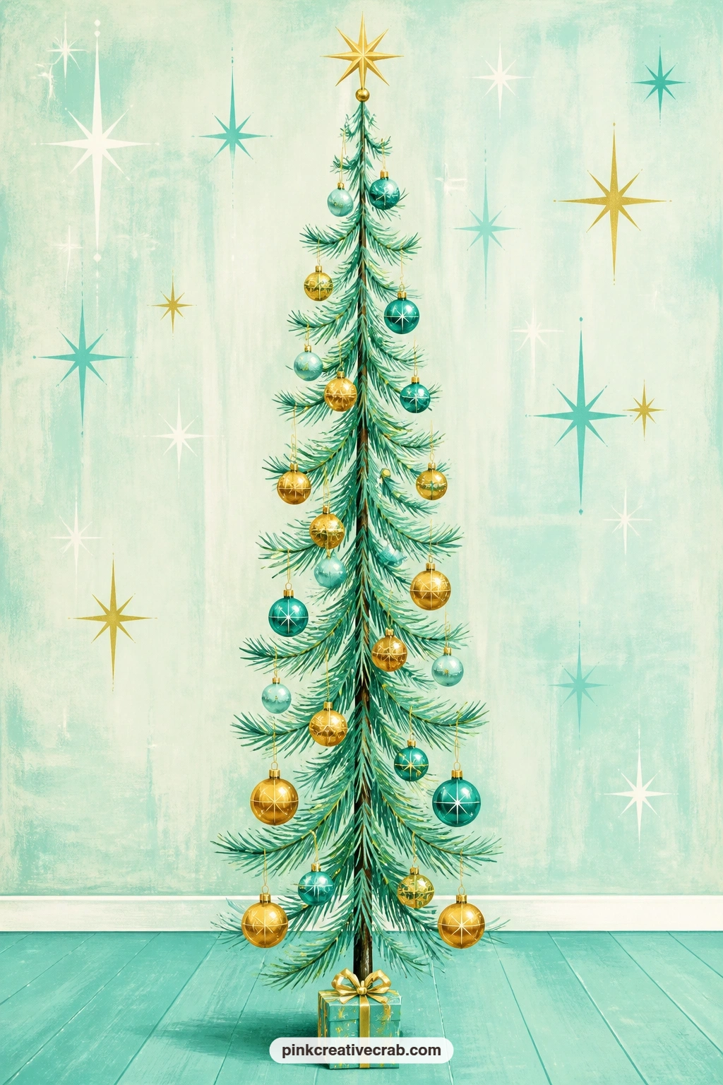 Tall Skinny Gold And Teal Tree printable page — Keep this tree deliberately sparse: only gold and teal ornaments hang on it, spaced out rather than clustered