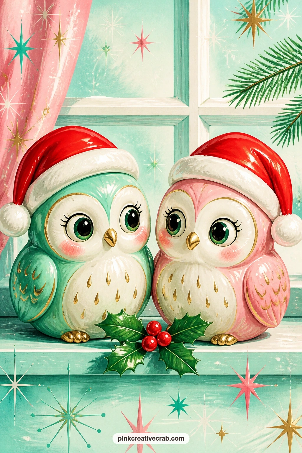 Ceramic Owl Pair In Santa Hats printable page — a pair of round ceramic owls wearing tiny Santa hats sit side by side on a windowsill, their big sparkly eyes