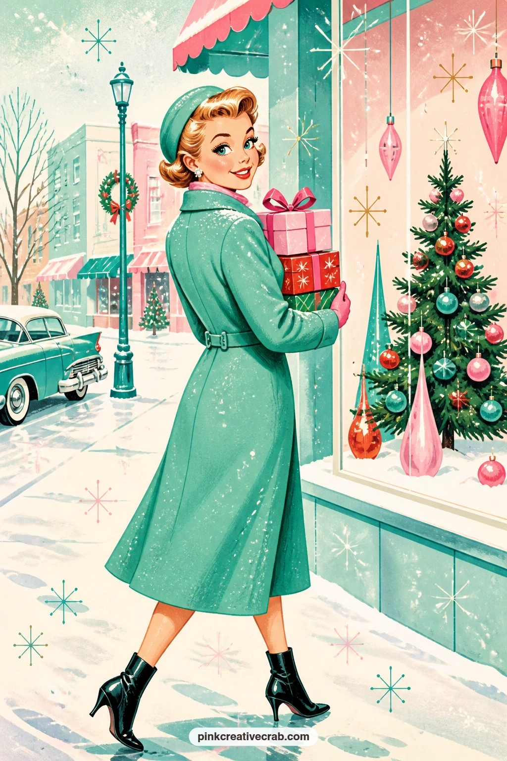 Woman In Wool Coat Past Storefront printable page — This scene belongs on the page right before your shopping list, if this journal is tracking gifts for the