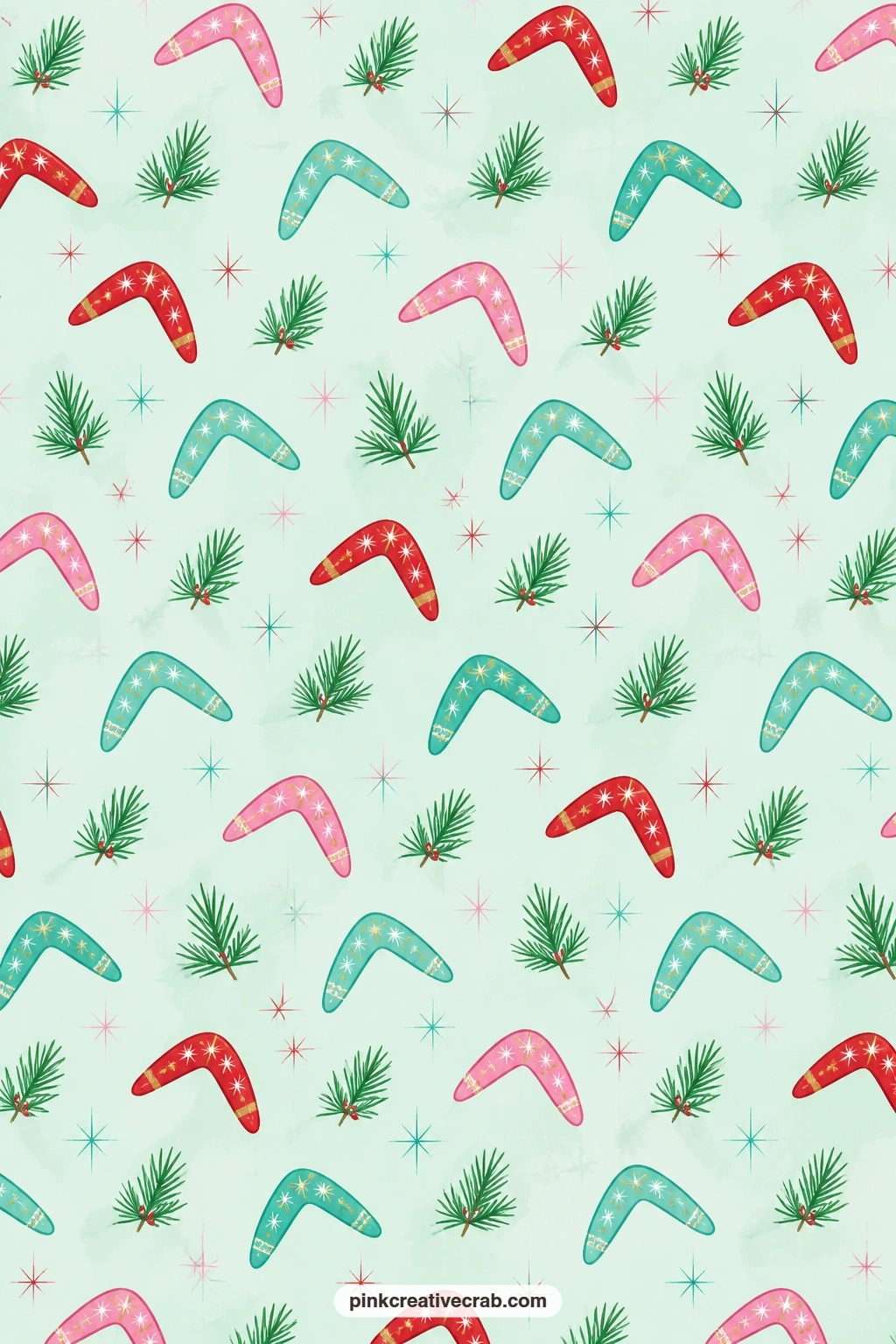 Boomerang Pine Sprig Pattern printable page — Small boomerang shapes and pine sprigs repeat all over this pale aqua paper, perfect as a cover lining, tucked