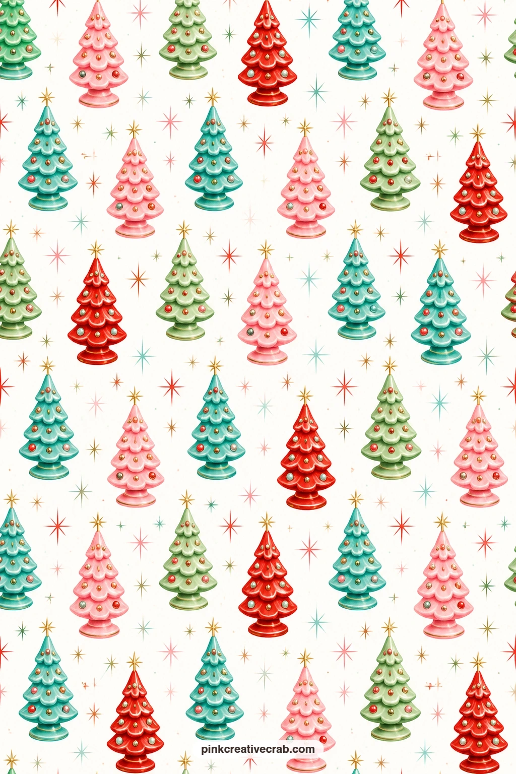 Cone Tree Pattern On White printable page — Rows of small ceramic cone trees repeat across clean white paper, light enough to use under photos without