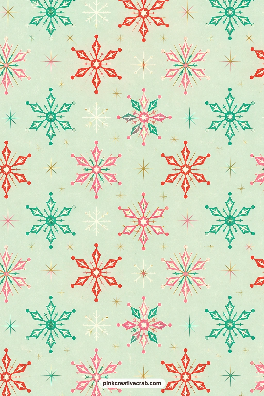 Geometric Snowflake Background Paper printable page — Angular geometric snowflakes repeat across mint green paper, a crisp choice for backing a window page or