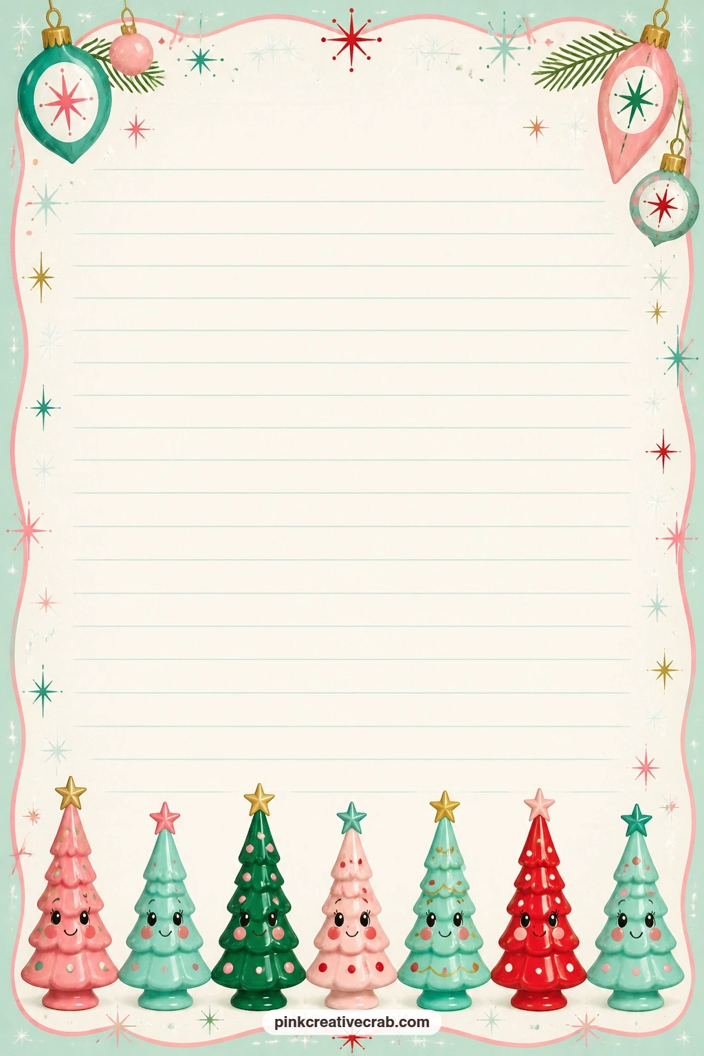 Cone Tree Row Footer Lined Page printable page — A row of small ceramic cone trees lines the bottom edge of this page, leaving the ruled lines above free for a