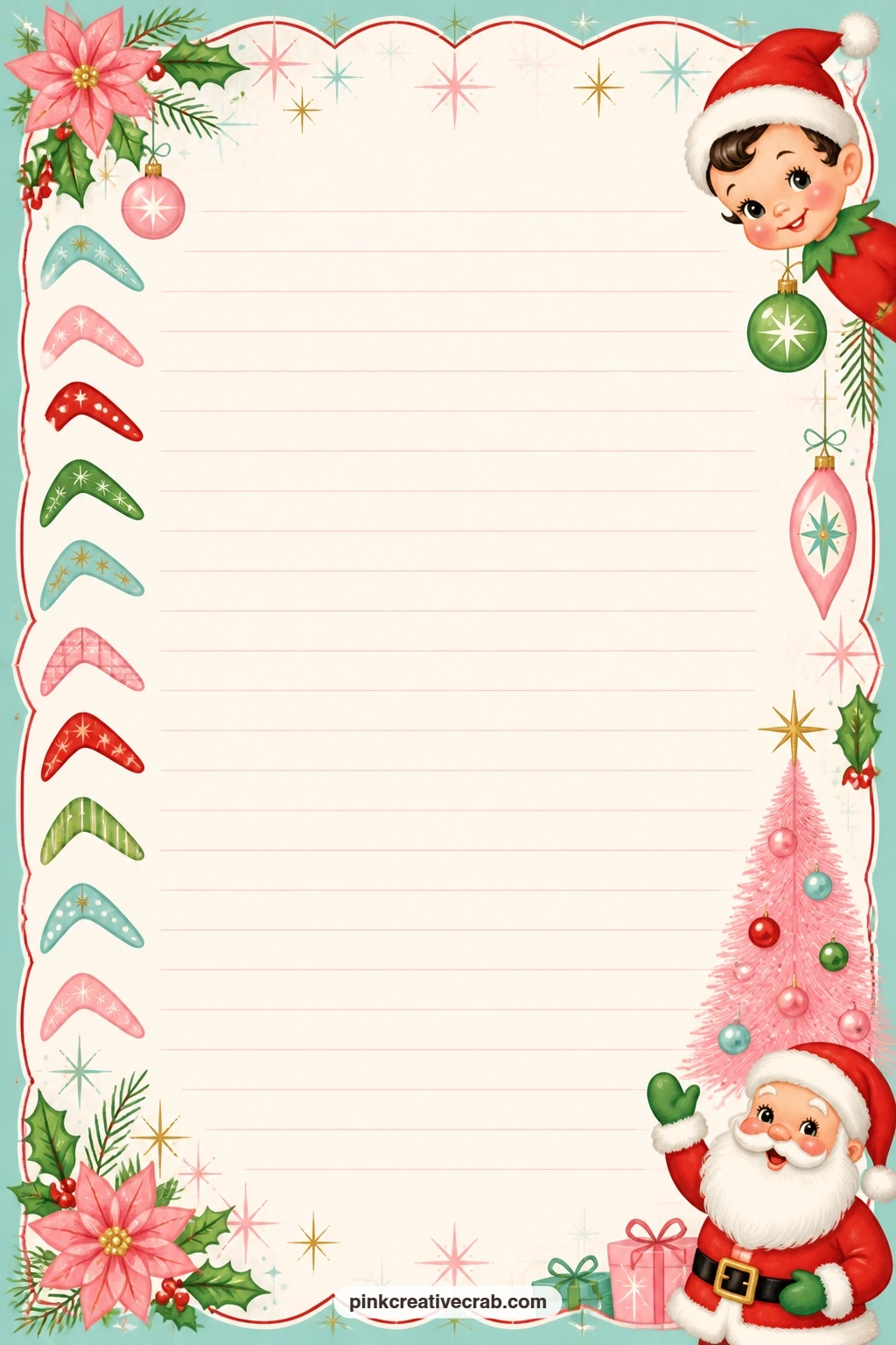 Boomerang Side Border Lined Page printable page — Small boomerang shapes run down one side of this page in a narrow band, the ruled lines beside them open for