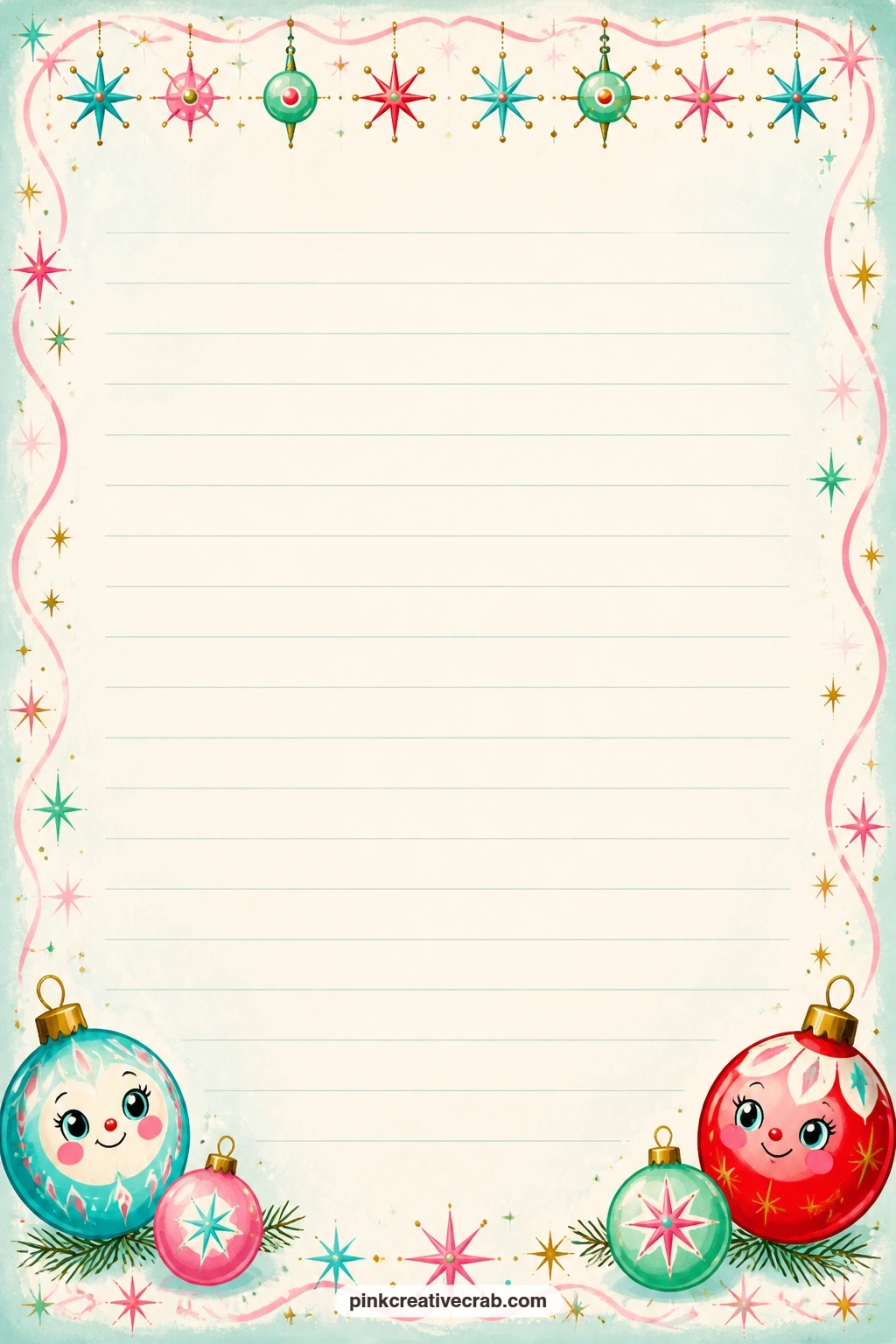 Sputnik Ornament Top Band Lined Page printable page — A thin band of sputnik style ornaments runs across the top of the page, ruled lines below ready for a