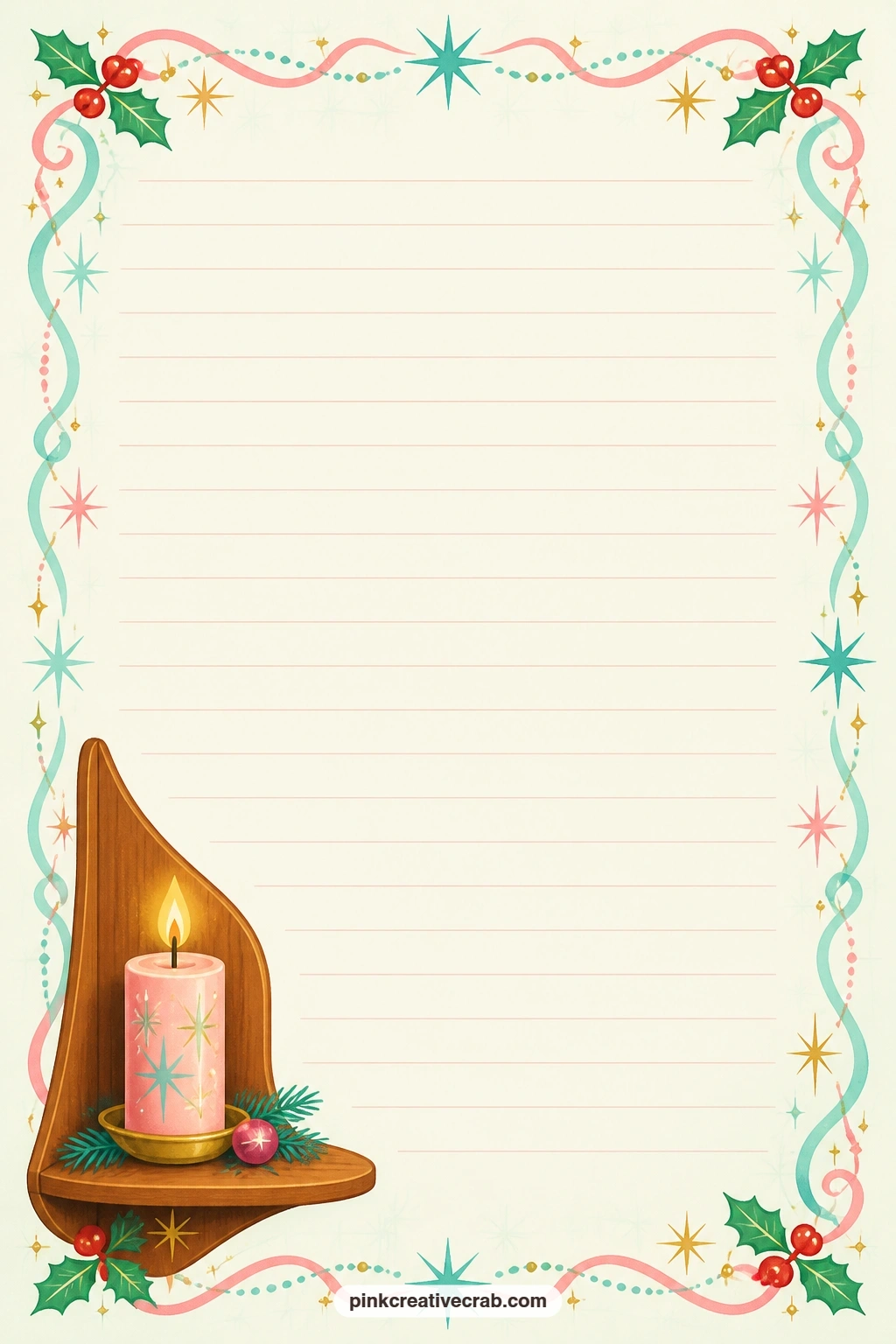 Teak Shelf Candle Corner Lined Page printable page — A small teak shelf holding a single lit candle sits in one corner, the ruled lines beside it left open for