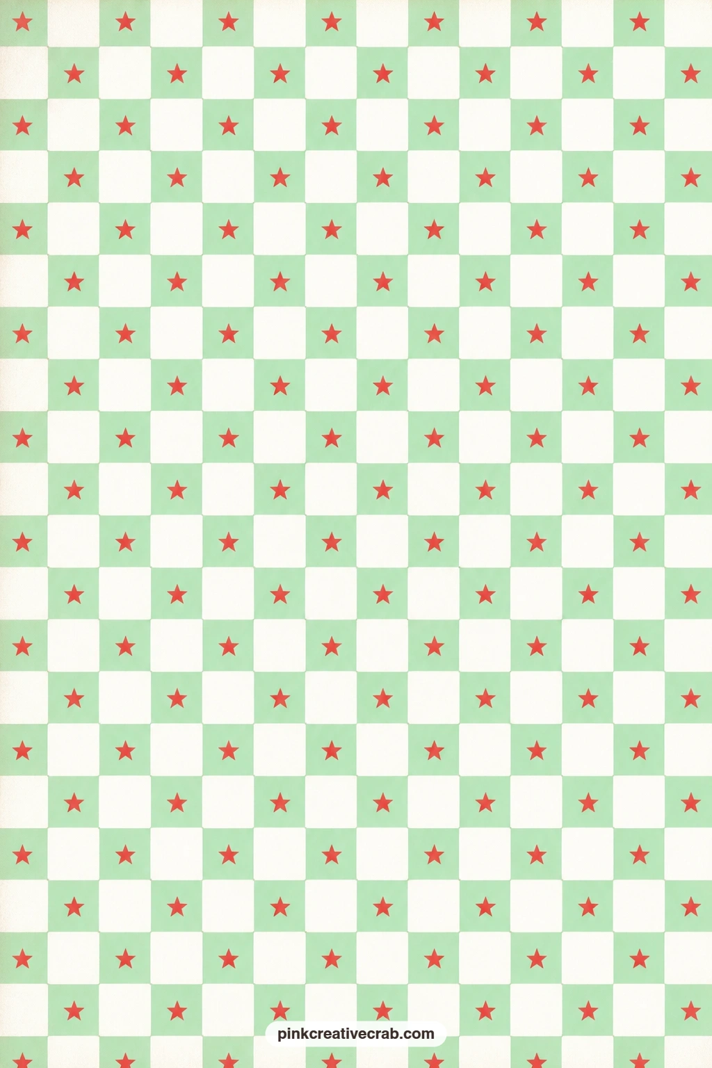 Mint Checkerboard Stars Paper printable page — Mint and white squares line up in a diner-tablecloth checkerboard, with tiny red stars scattered across the mint