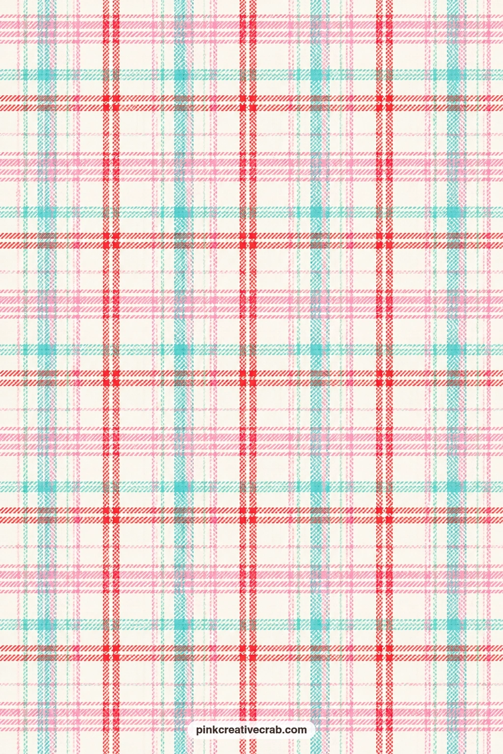 Tartan Trio Paper printable page — Red, pink and aqua crisscross into a small tartan on white, a sturdy base for a journal page under a holiday photo or a