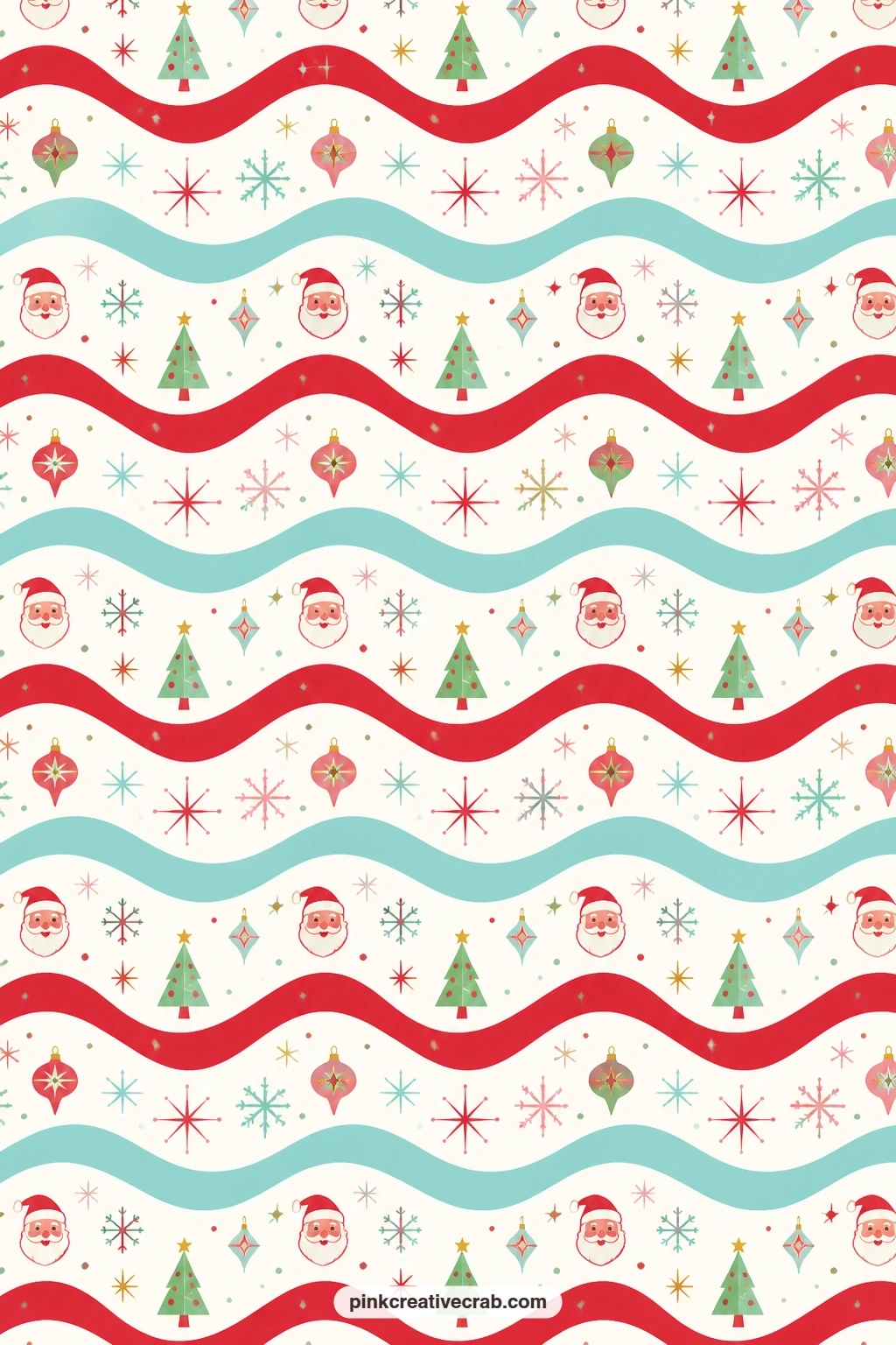 Wavy Band Stripe Paper printable page — Red and aqua bands wave gently across white, a change of pace from straight stripes and a fun base for a Christmas