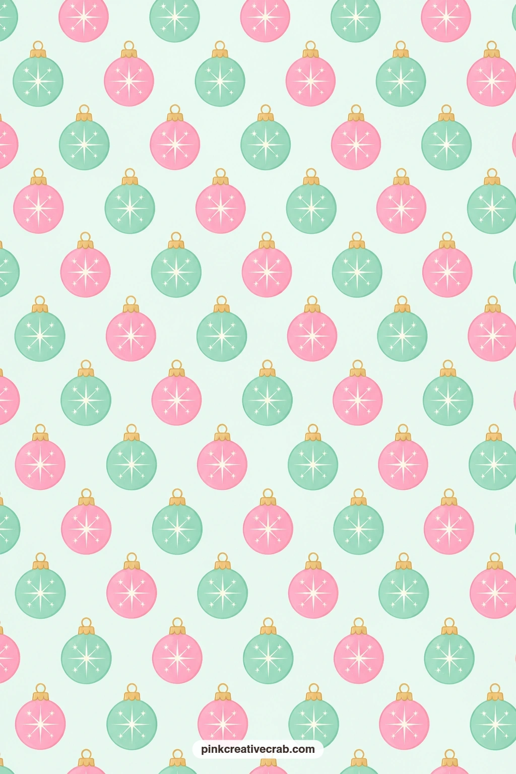 Ornament Print Paper printable page — Mint and pink ornaments hang in a repeating pattern on pale aqua, a festive wrapping paper for a round gift or small tin.