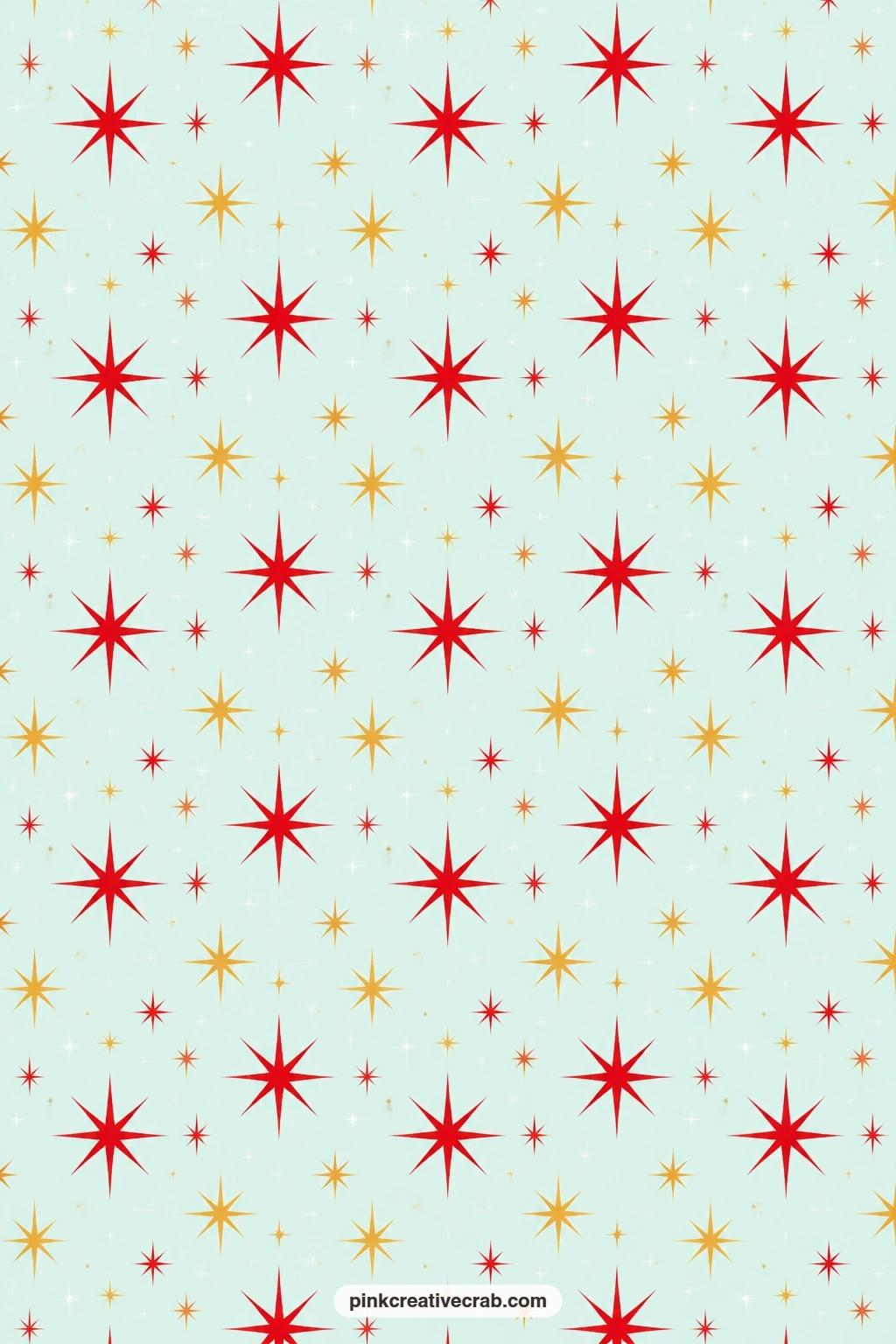 Starburst Print Paper printable page — Red and gold starbursts spread across pale aqua in a classic atomic pattern, a strong card mat behind a sticker for any