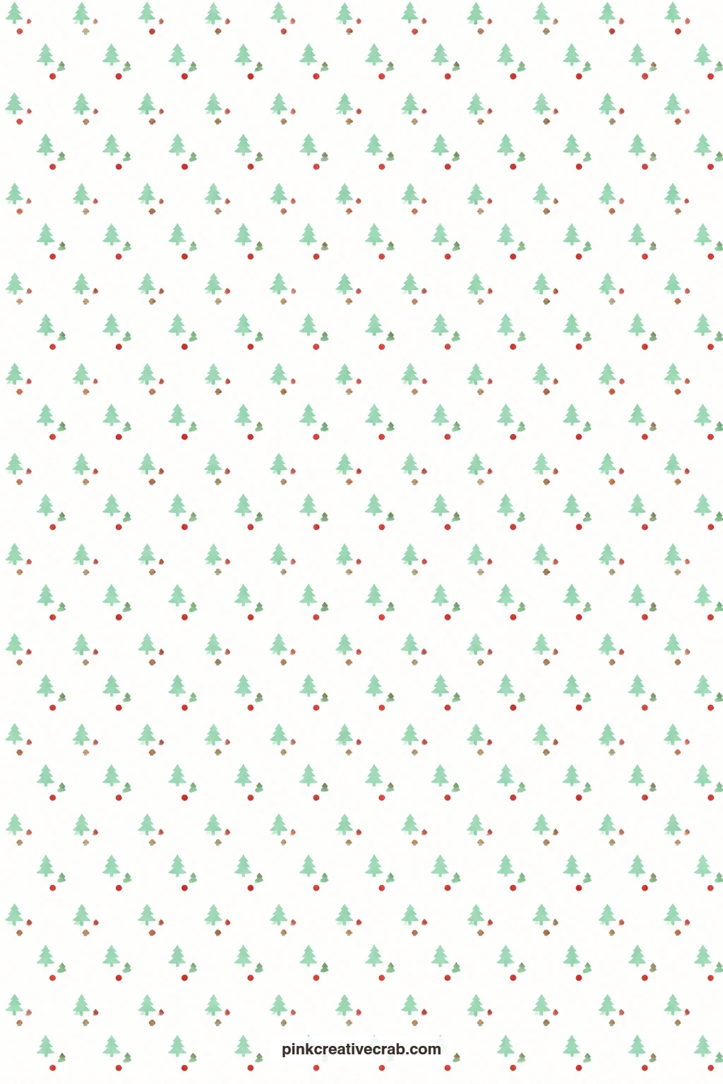 Tiny Tree Dot Paper printable page — Mint trees and red dots scatter in small repeats across white, a cheerful journal page base that pairs with the Ornament
