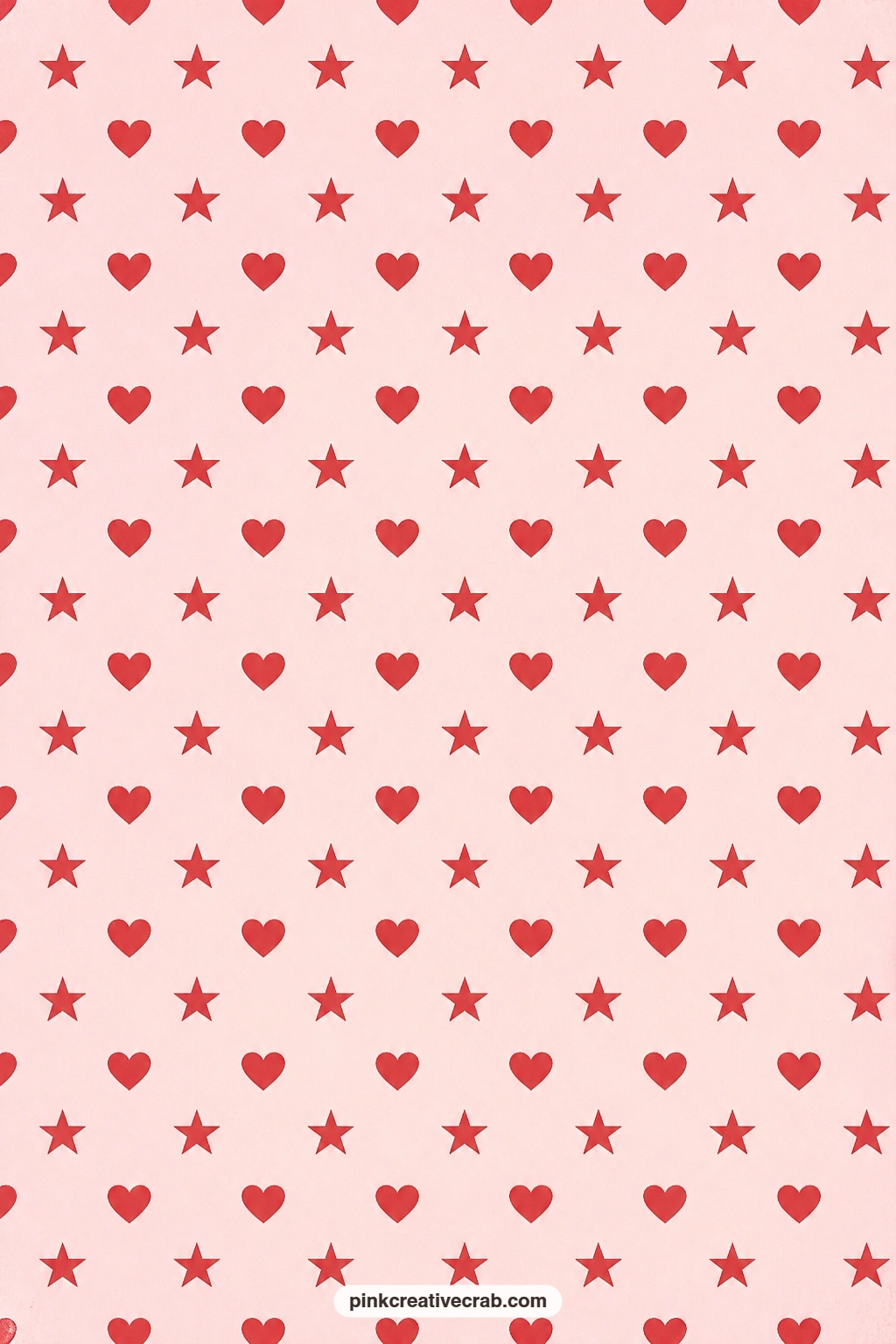 Heart and Star Paper printable page — Cherry red hearts and stars repeat across pale pink, a sweet card mat behind a small gift tag or a cut paper label, and a