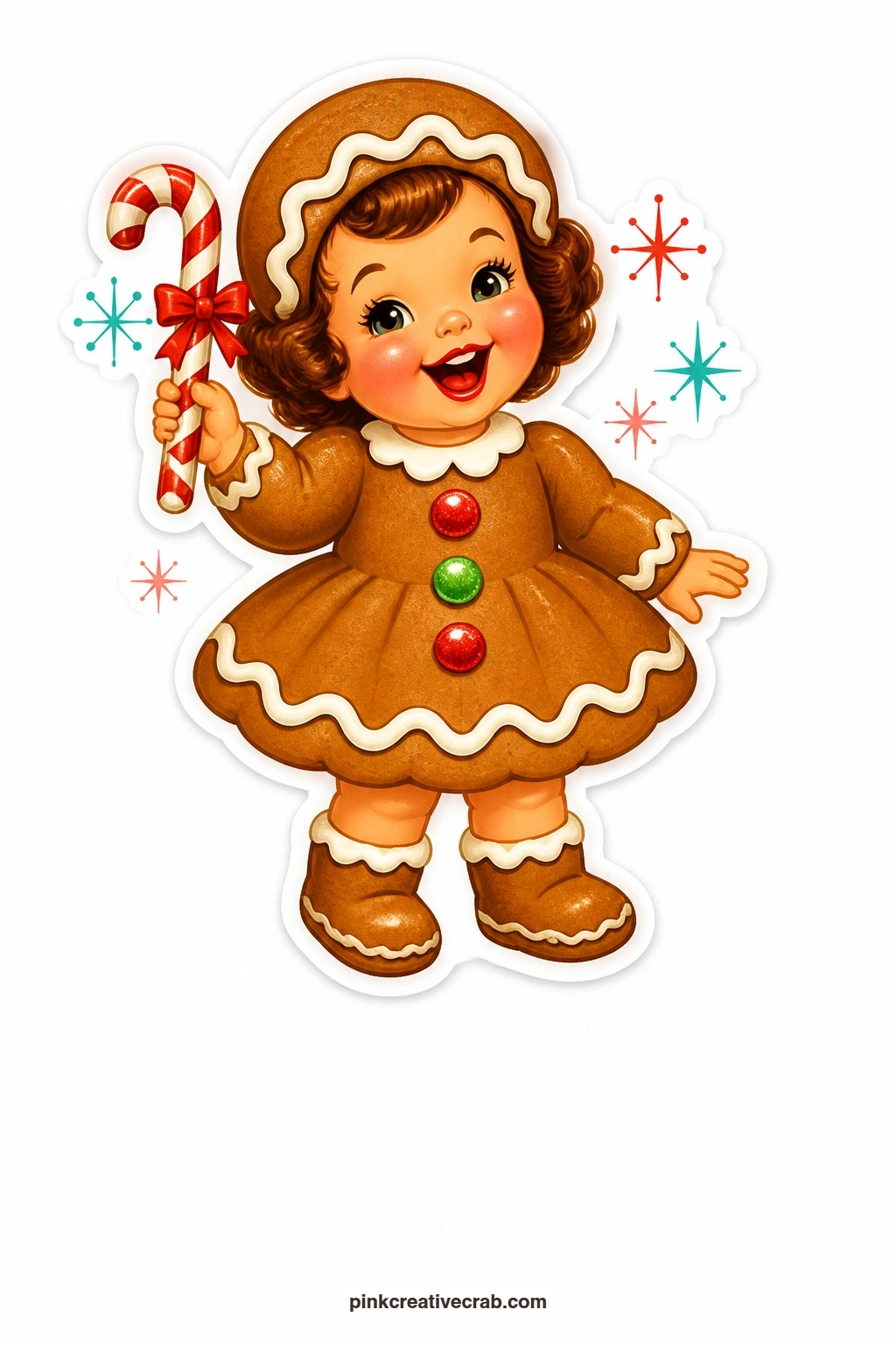 The Gingerbread Cookie Girl printable page — Curls bouncing and icing trim gleaming, she laughs with pure delight while holding up a candy cane, the kind of