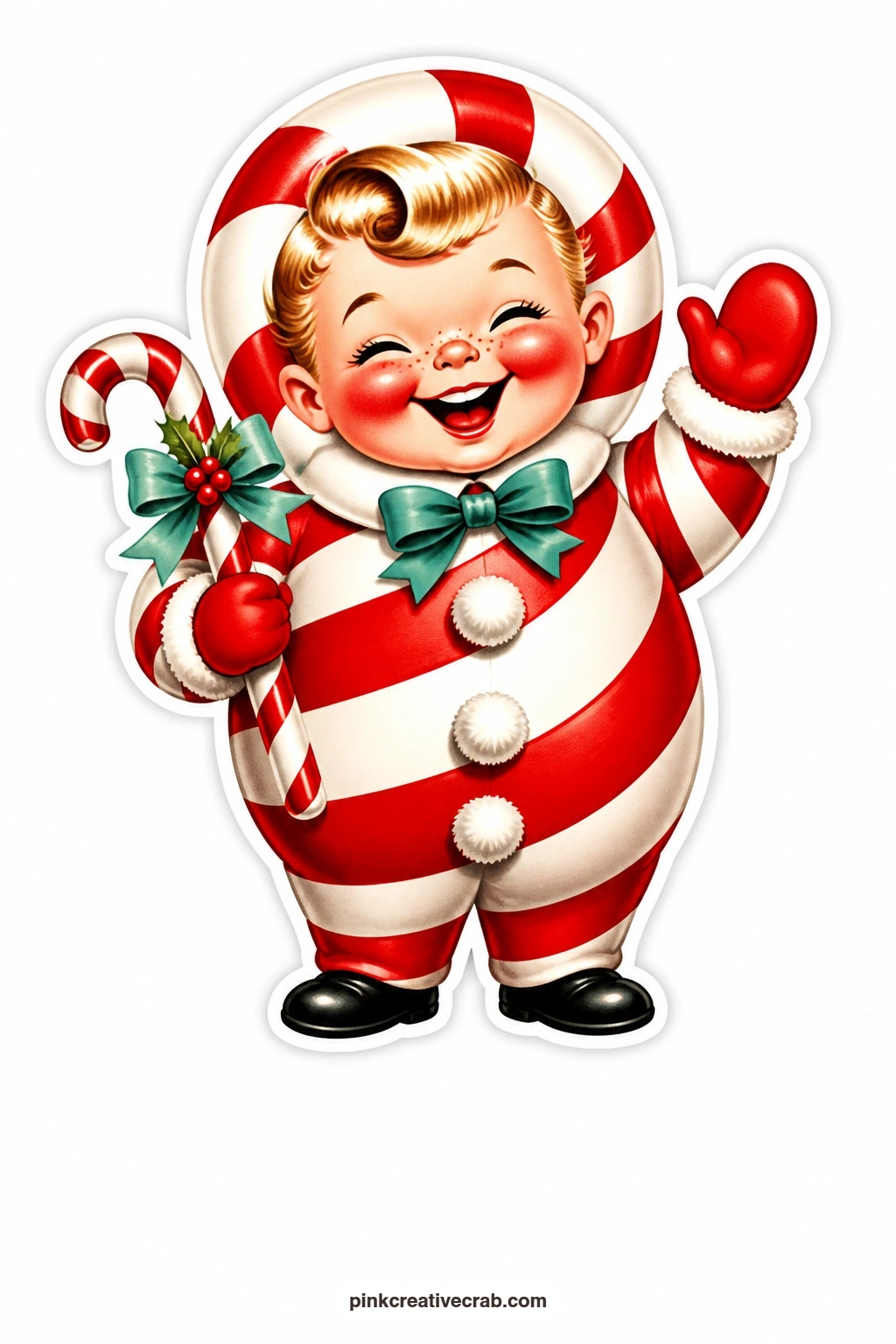 The Candy Cane Boy printable page — Write 'sweet on you this Christmas' beside this one, a freckled boy striped head to toe like a candy cane, giggling as he