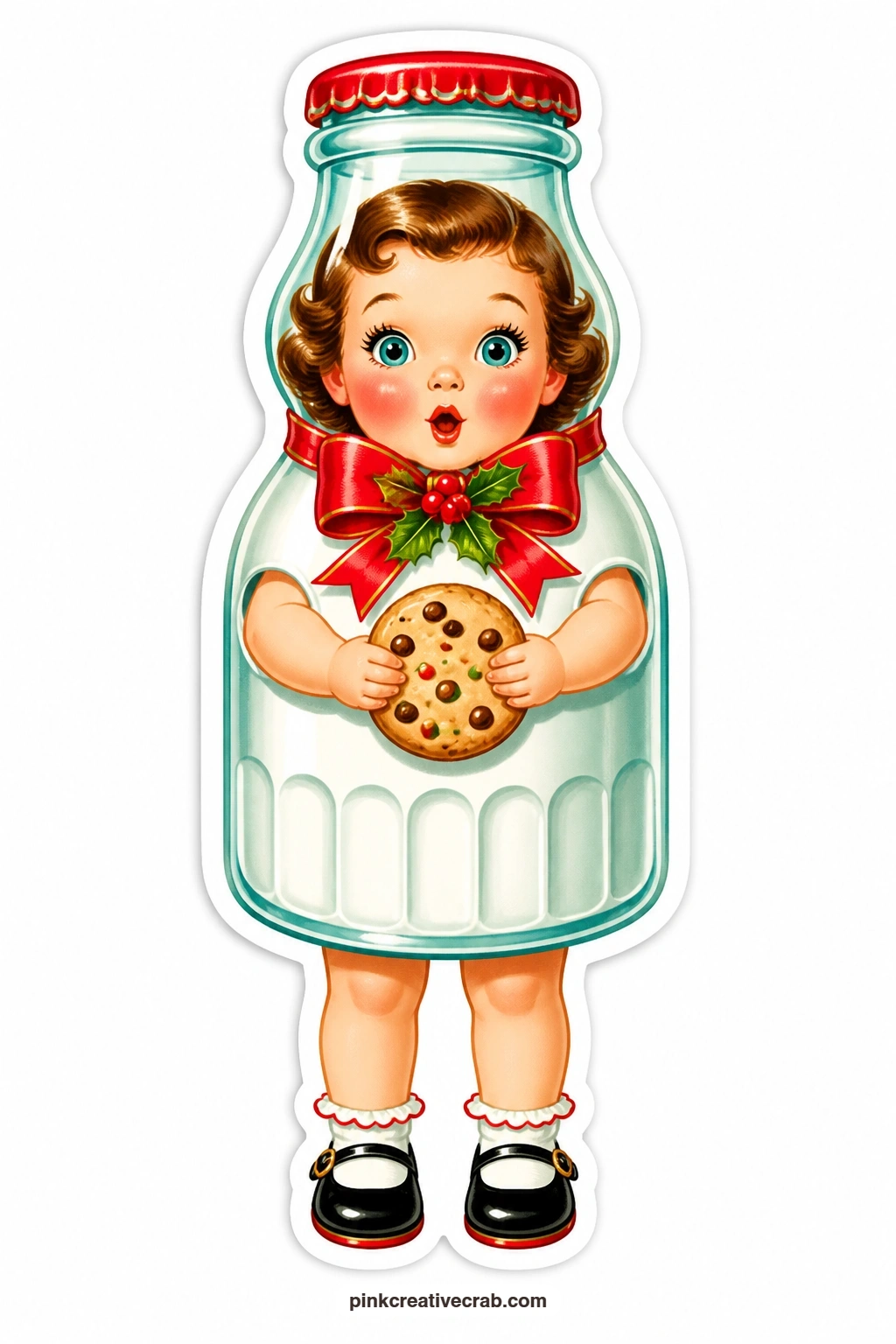 The Milk Bottle Girl printable page — Wide-eyed and clutching a cookie meant for Santa, she makes a perfect anchor for a junk journal spread about Christmas