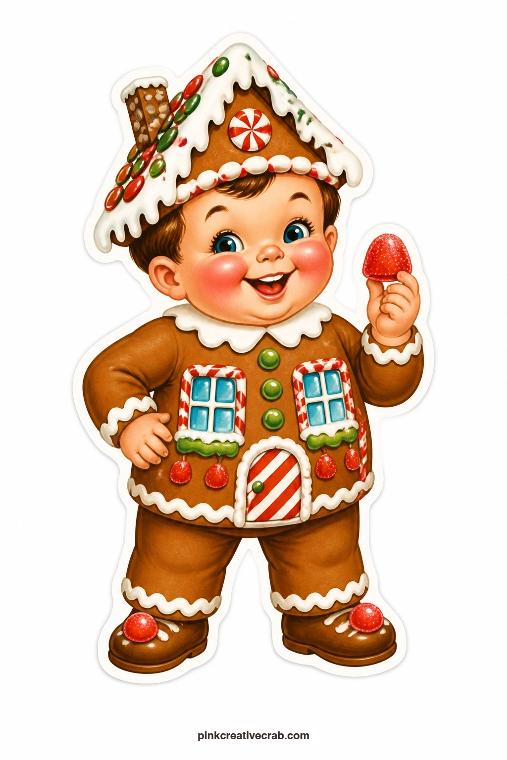 The Gingerbread House Boy printable page — A frosted roof sits on his head like a little hat, and he grins with real pride while he holds up one gumdrop, the