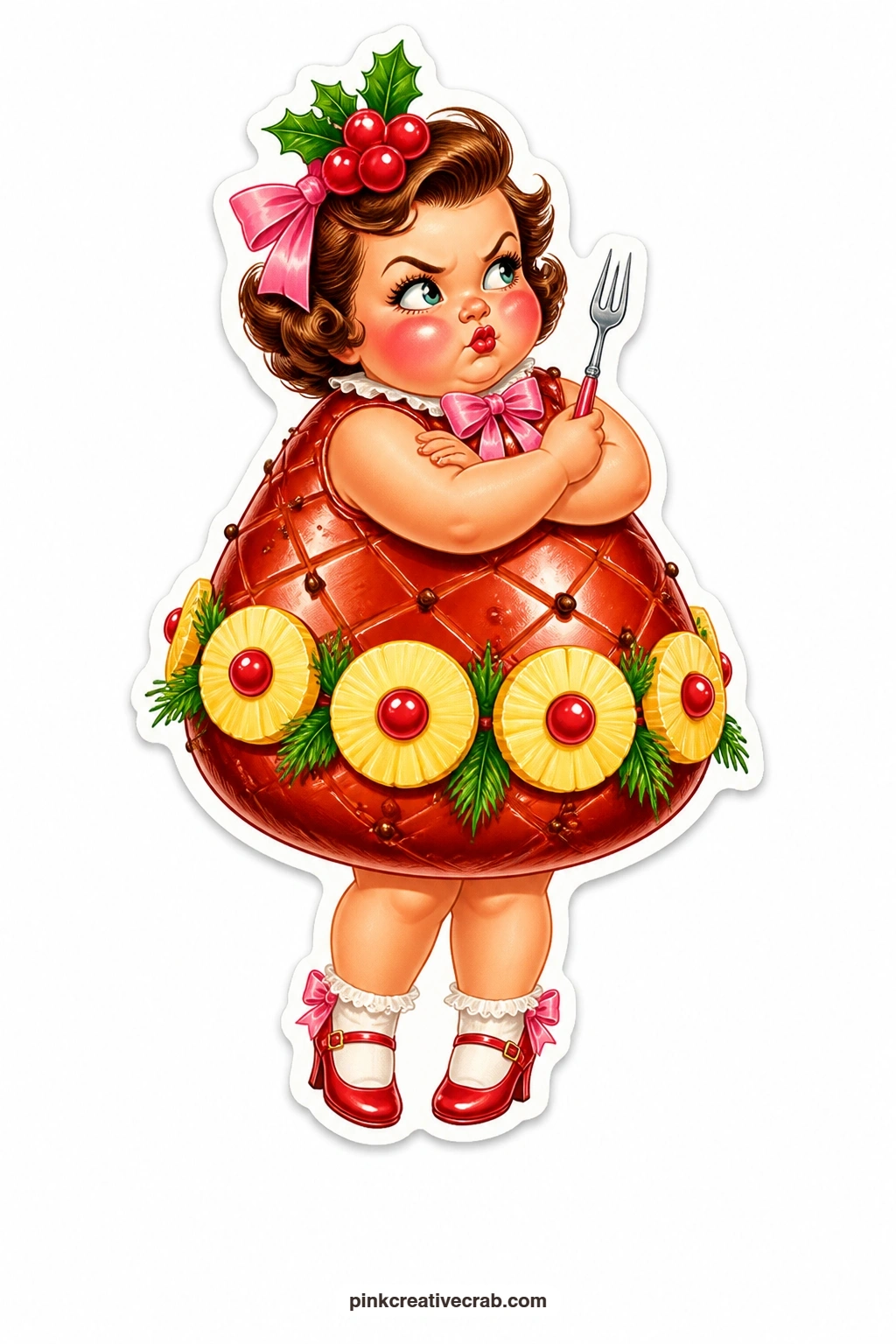 The Christmas Ham Girl printable page — Pineapple rings ring her middle and she pouts dramatically, fork in hand, as if dinner is taking far too long to reach