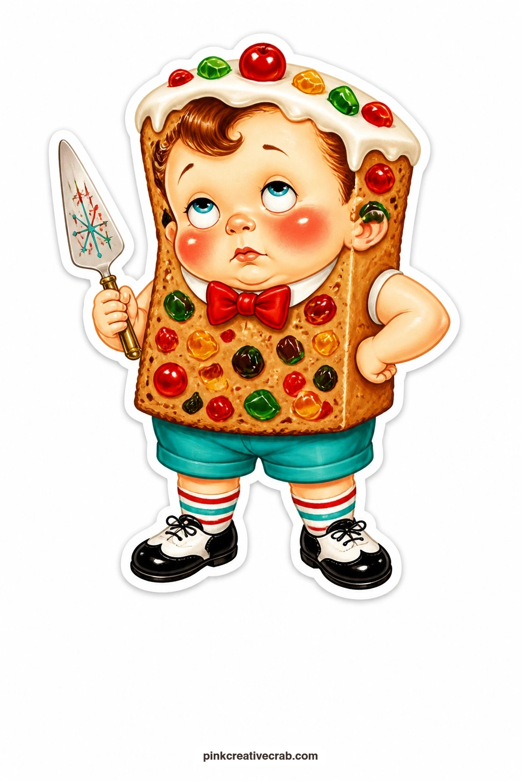 The Fruitcake Slice Boy printable page — Rolling his eyes at the very idea of fruitcake, this slice-shaped boy holds a tiny cake server like he is being forced