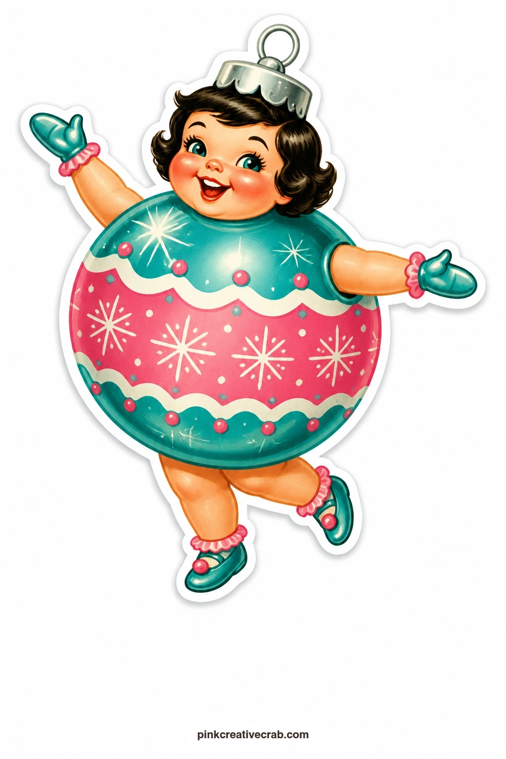 The Shiny Brite Ornament Girl printable page — Caught mid-twirl in teal and pink, laughing with her arms flung wide, she suits a card that says nothing at all