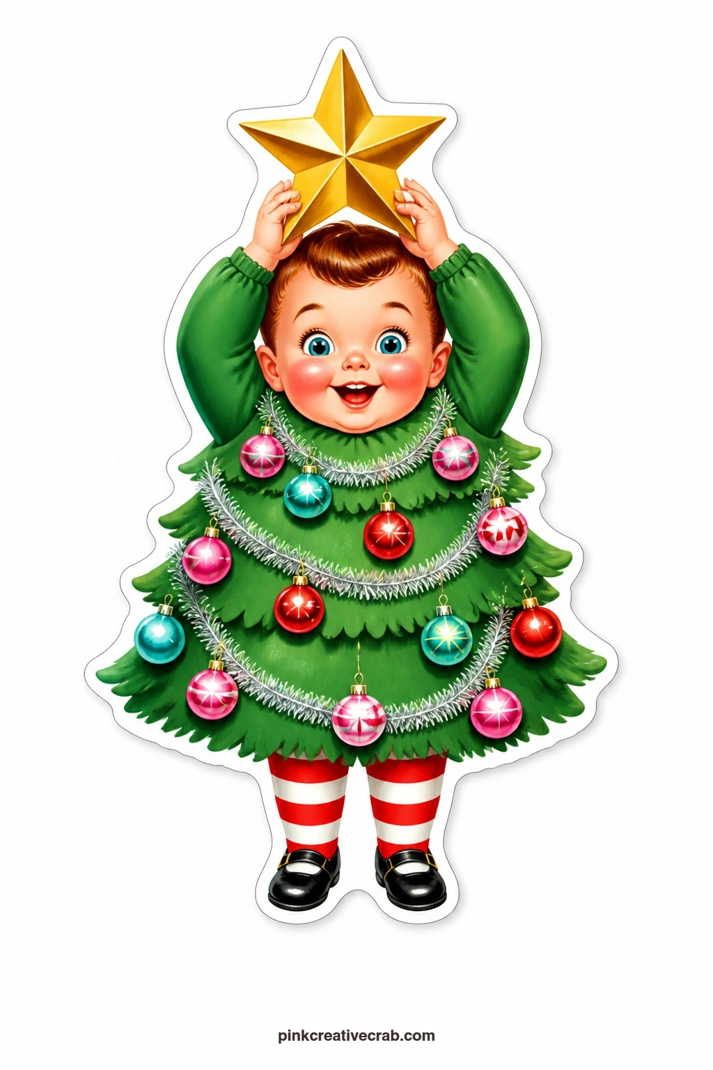 The Christmas Tree Boy printable page — Draped in tinsel and baubles from shoulder to ankle, he beams while holding up a star topper, ready to crown the very