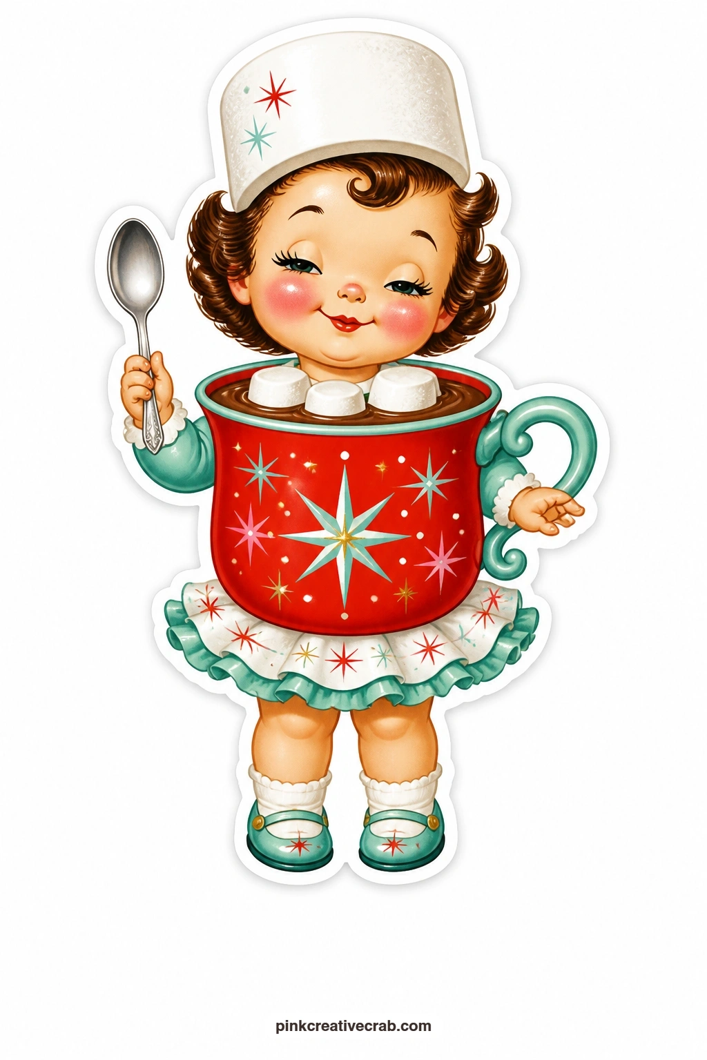 The Cocoa Cup Girl printable page — Sleepy and content with a marshmallow hat tipped over one eye, spoon in hand, she belongs on a card for someone who