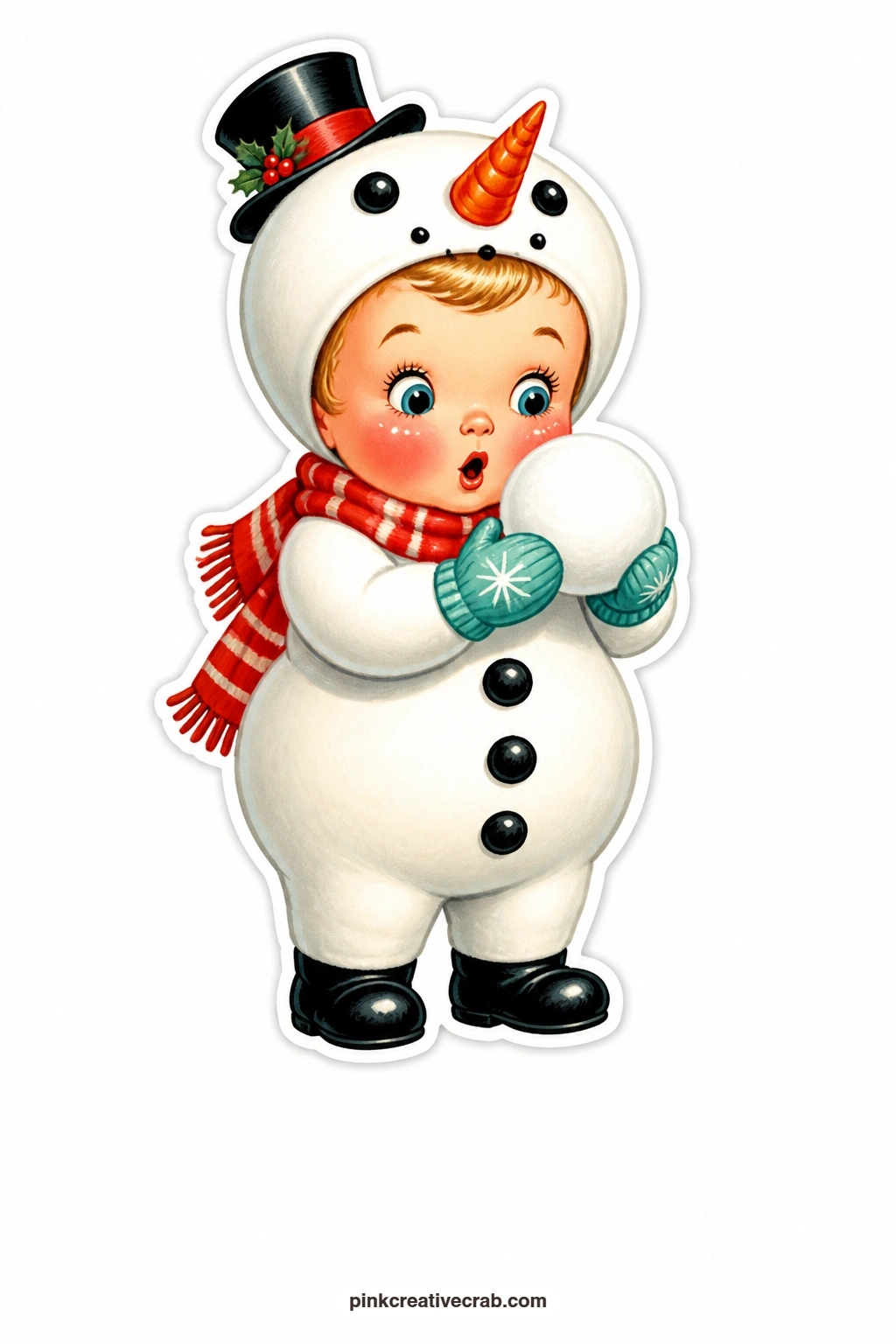 The Snowman Boy printable page — A carrot nose hat sits proudly on his head as he stares amazed at the snowball in his own mittened hands, like he cannot