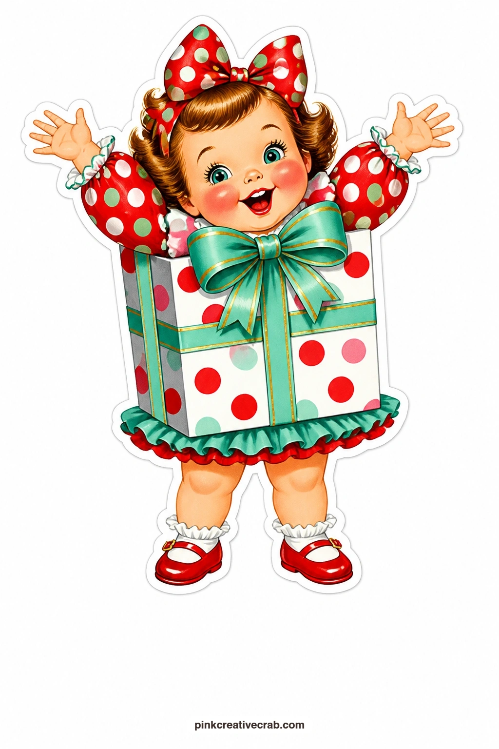 The Polka-Dot Present Girl printable page — Bursting with excitement and both arms thrown straight up, this polka-dot present girl is the one to pair with the