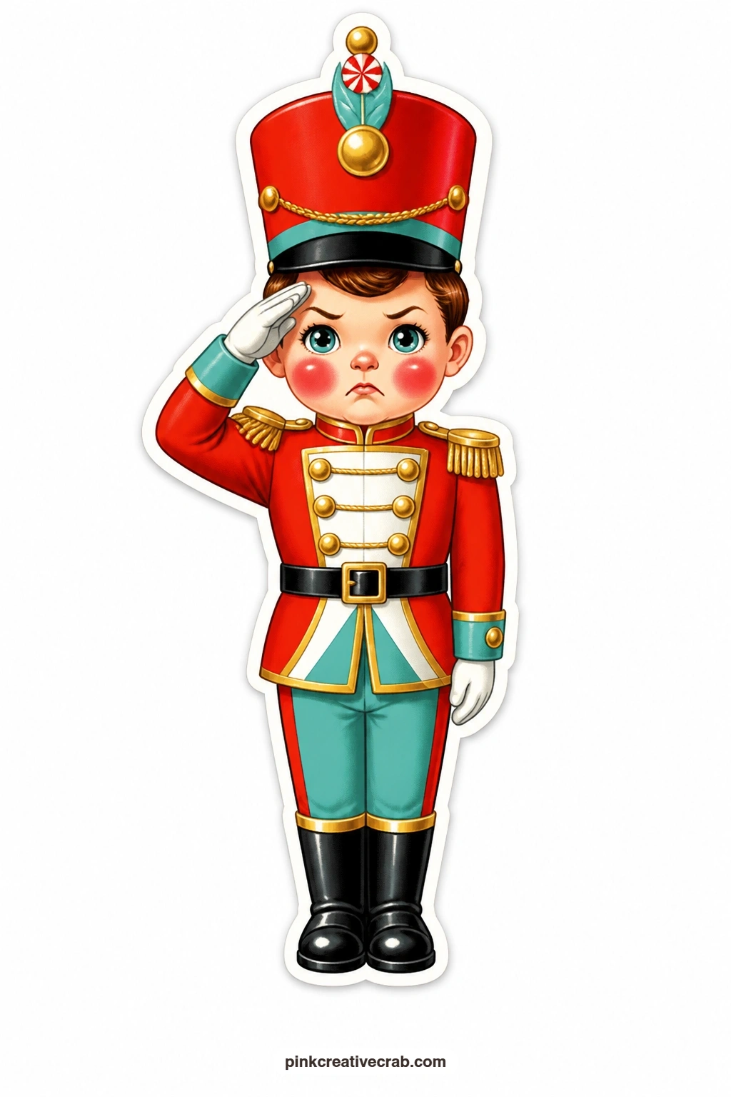 The Nutcracker Soldier Boy printable page — Standing stiff with a serious funny frown, he snaps a sharp salute that looks almost too solemn for a boy dressed
