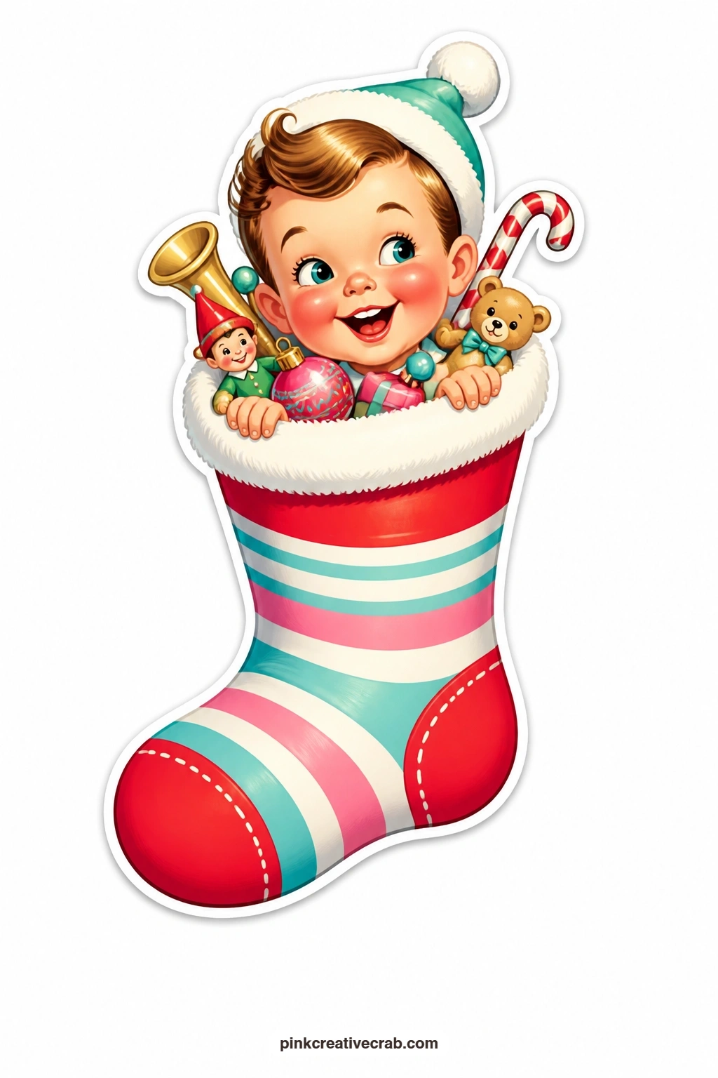 The Stocking Boy printable page — Peeking out from the top of his own stocking costume with a cheeky grin, he looks like he is hiding the best gift of the