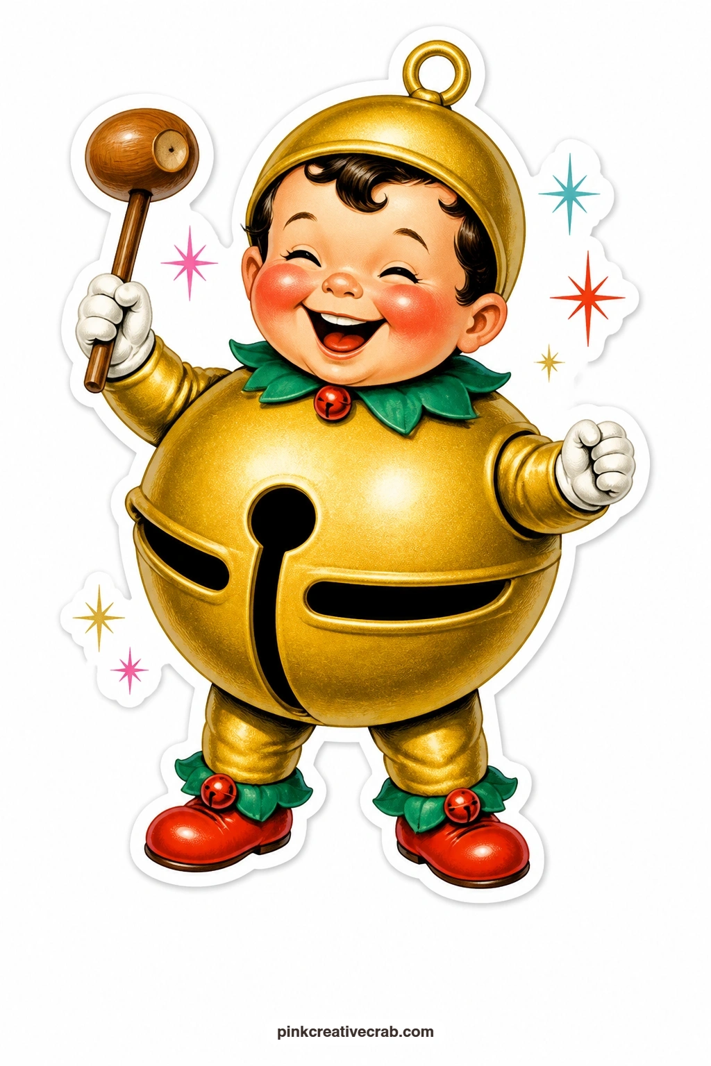The Jingle Bell Boy printable page — Shaking all over with laughter, tiny mallet in hand, he looks ready to ring himself silly the moment anyone walks past.