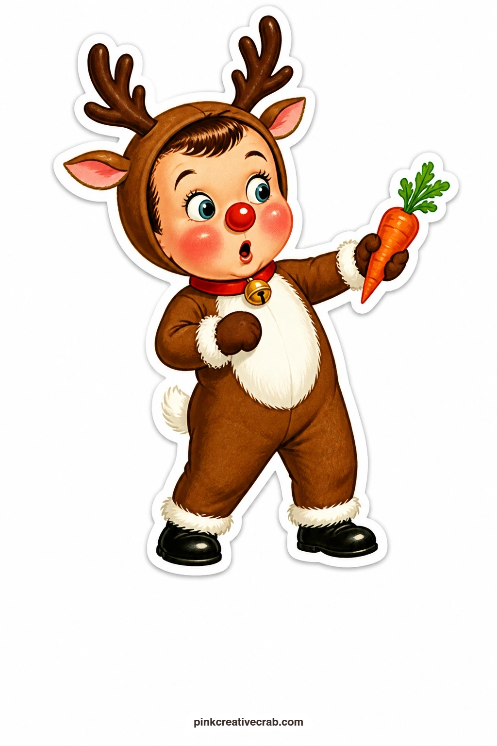 The Reindeer Boy printable page — Felt antlers wobble as he jumps back, startled, holding a carrot out at arm's length like it just appeared from nowhere.