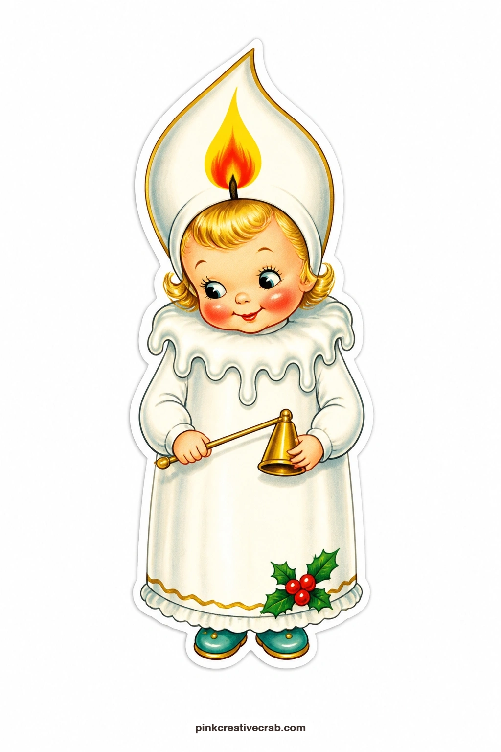 The Candle Girl printable page — Shy and smiling under a flame-shaped bonnet, she holds a small brass candle snuffer, the quiet one of the set and a good match