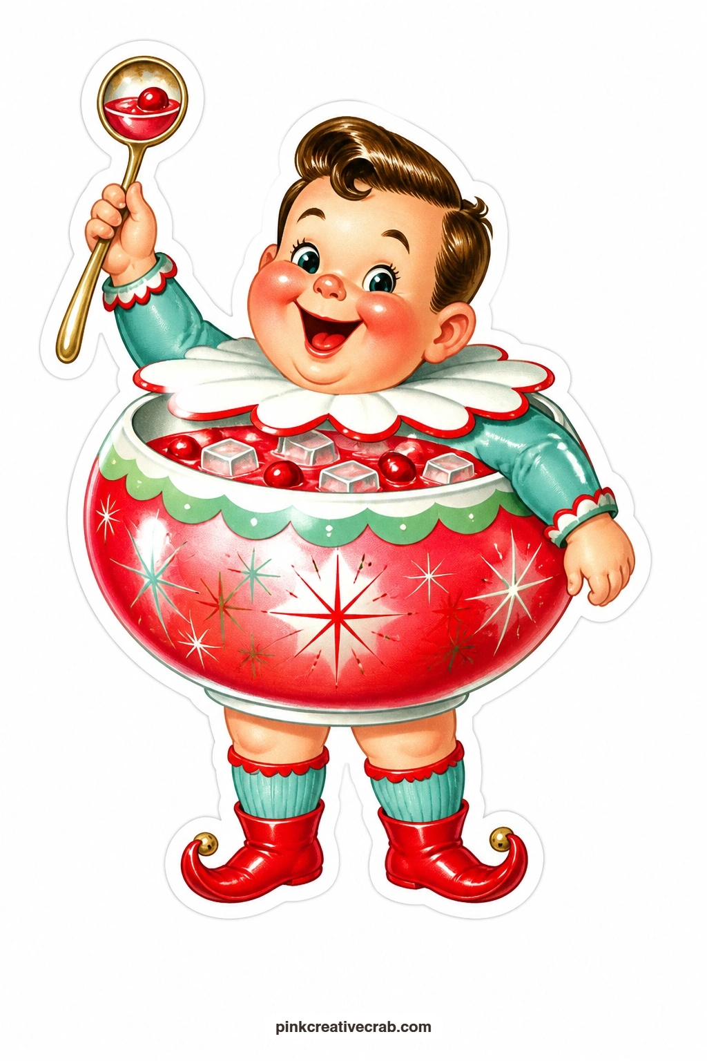 The Punch Bowl Boy printable page — Grinning wide with a ladle raised high, this punch bowl boy belongs on an invitation for a holiday open house or a card