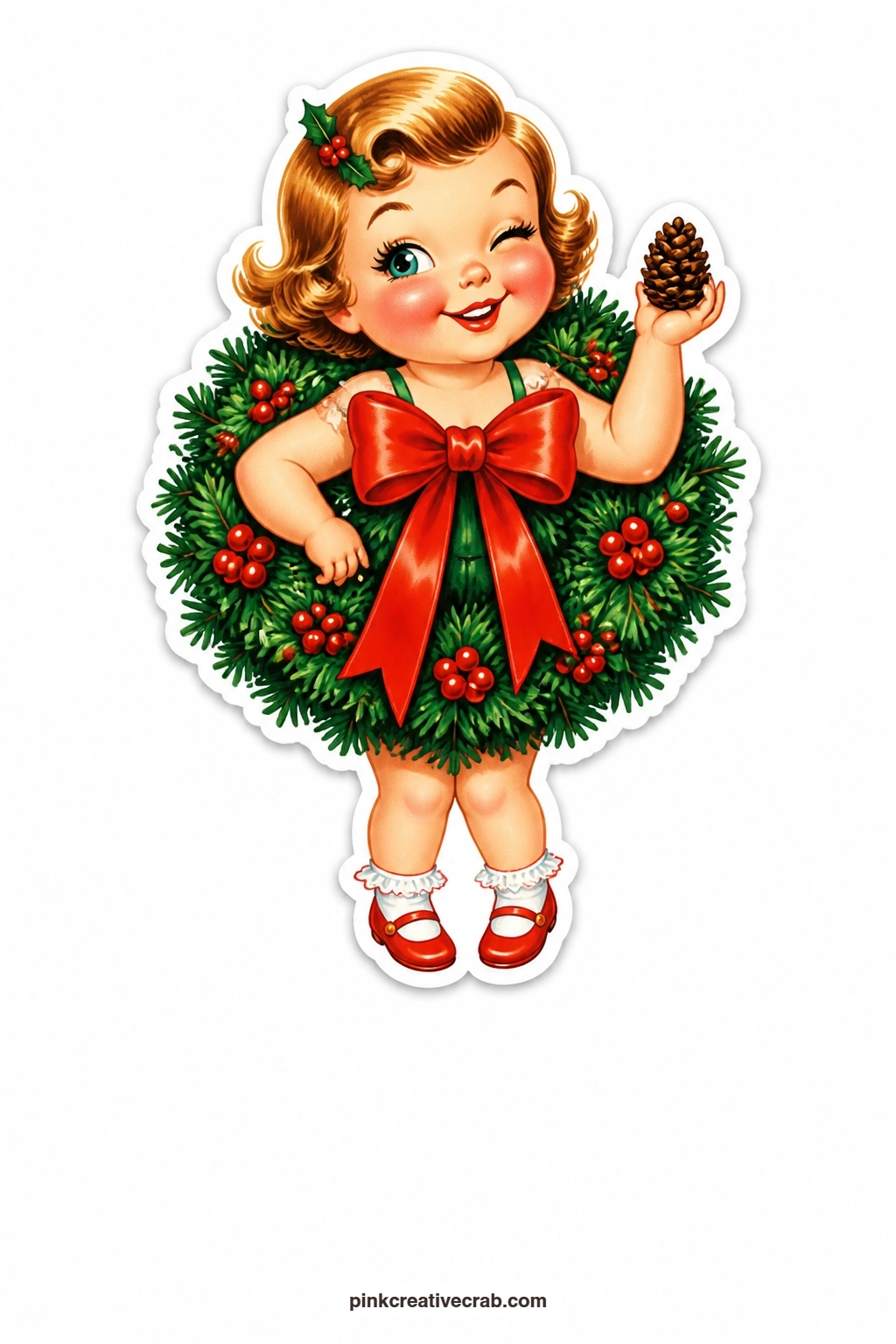 The Wreath Girl printable page — A cheeky wink and a pine cone held out make this wreath girl, red berries dotted around her round shape, a natural pairing