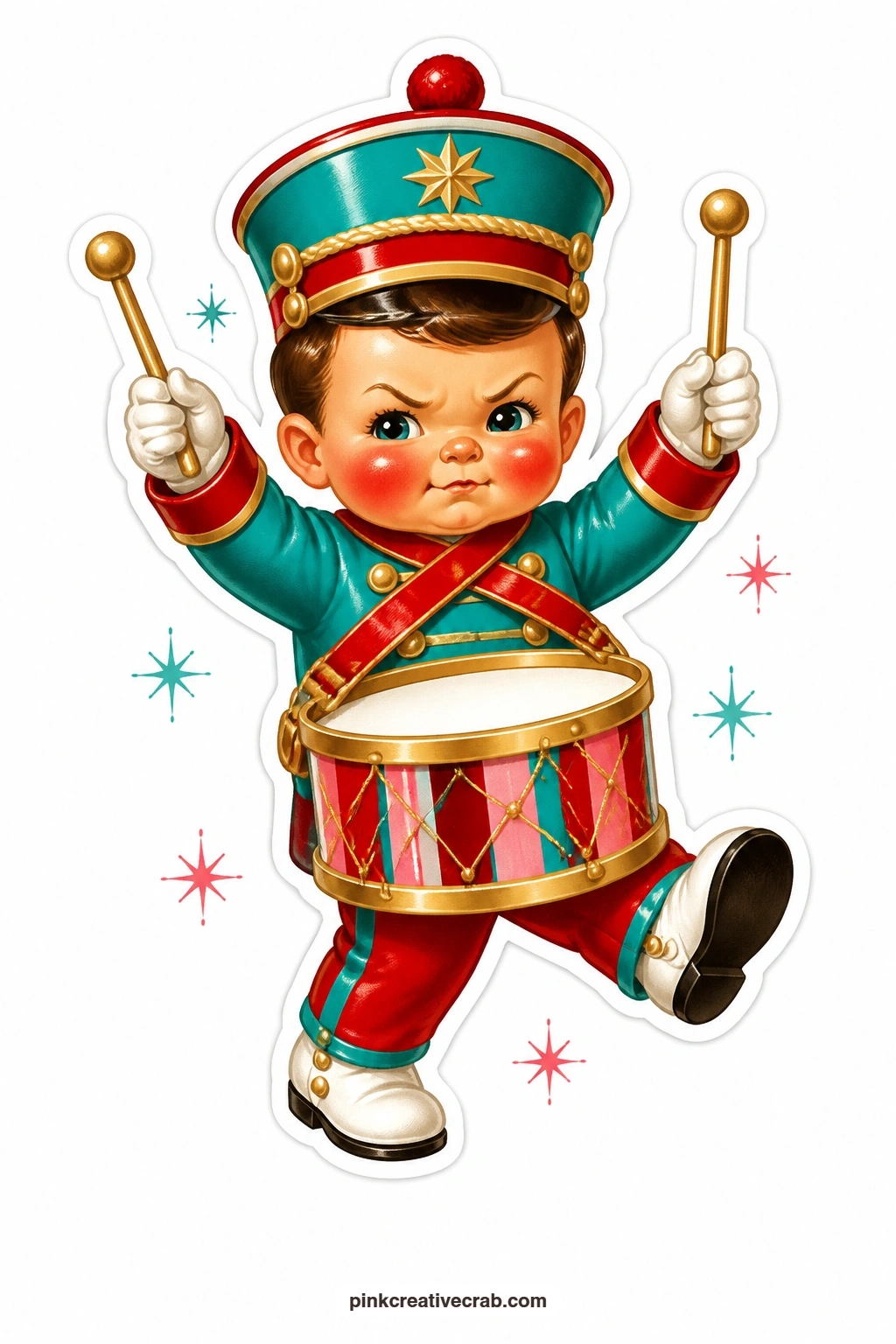 The Toy Drum Boy printable page — Marching in place with a big frown of concentration, drumsticks raised, he looks utterly serious about keeping time for a