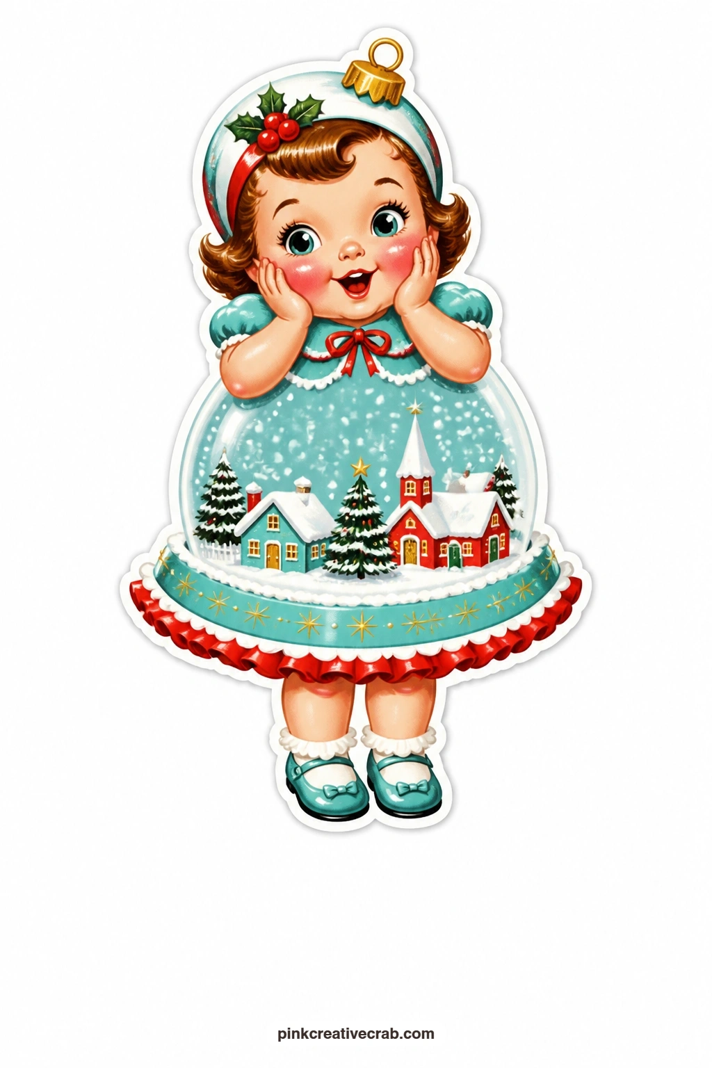The Snow Globe Girl printable page — Hands pressed to her cheeks in delight, a tiny painted village visible inside her round glass dome costume, she suits a
