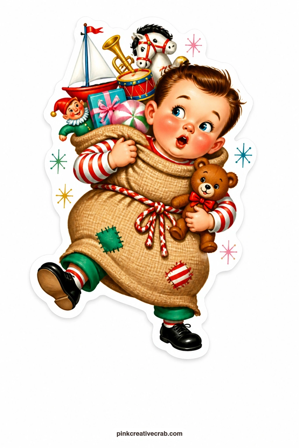 The Sack of Toys Boy printable page — Staggering under the weight of his own sack costume with a funny groan, he clutches a teddy bear like it might fall out