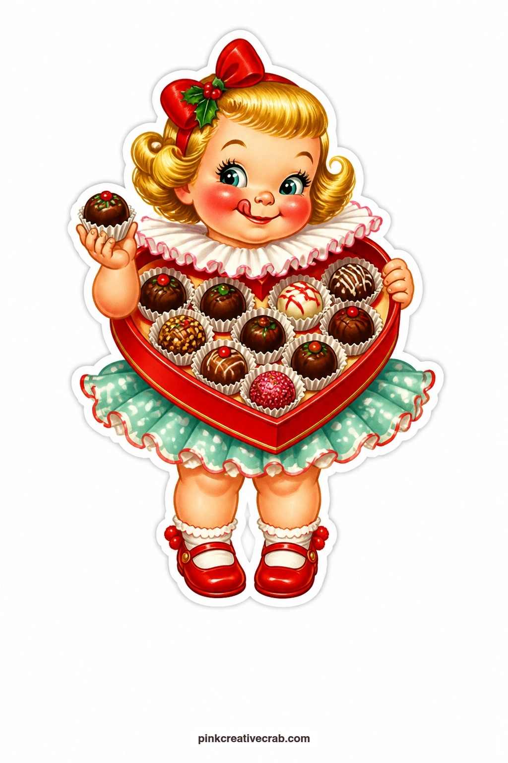 The Box of Chocolates Girl printable page — Licking her lips at the single bonbon in her hand, this chocolate box girl makes a sweet finishing touch for a card