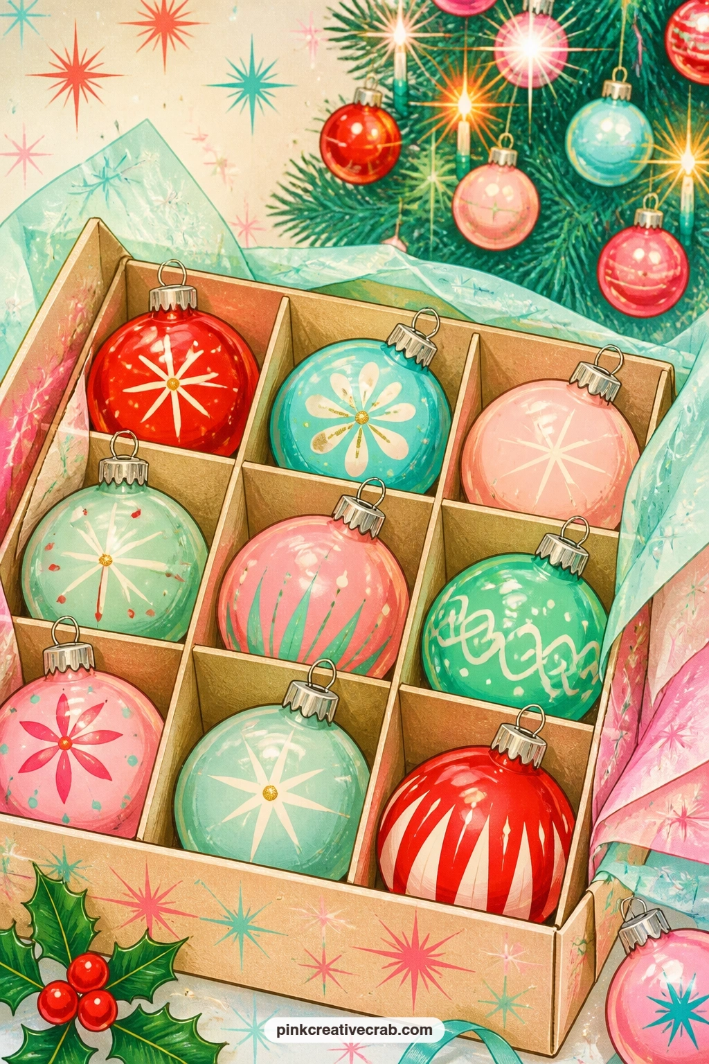 Box Of Glass Ornaments printable page — Opening this page feels like lifting the lid on a real box: baubles nest in cardboard dividers in cherry red, aqua and