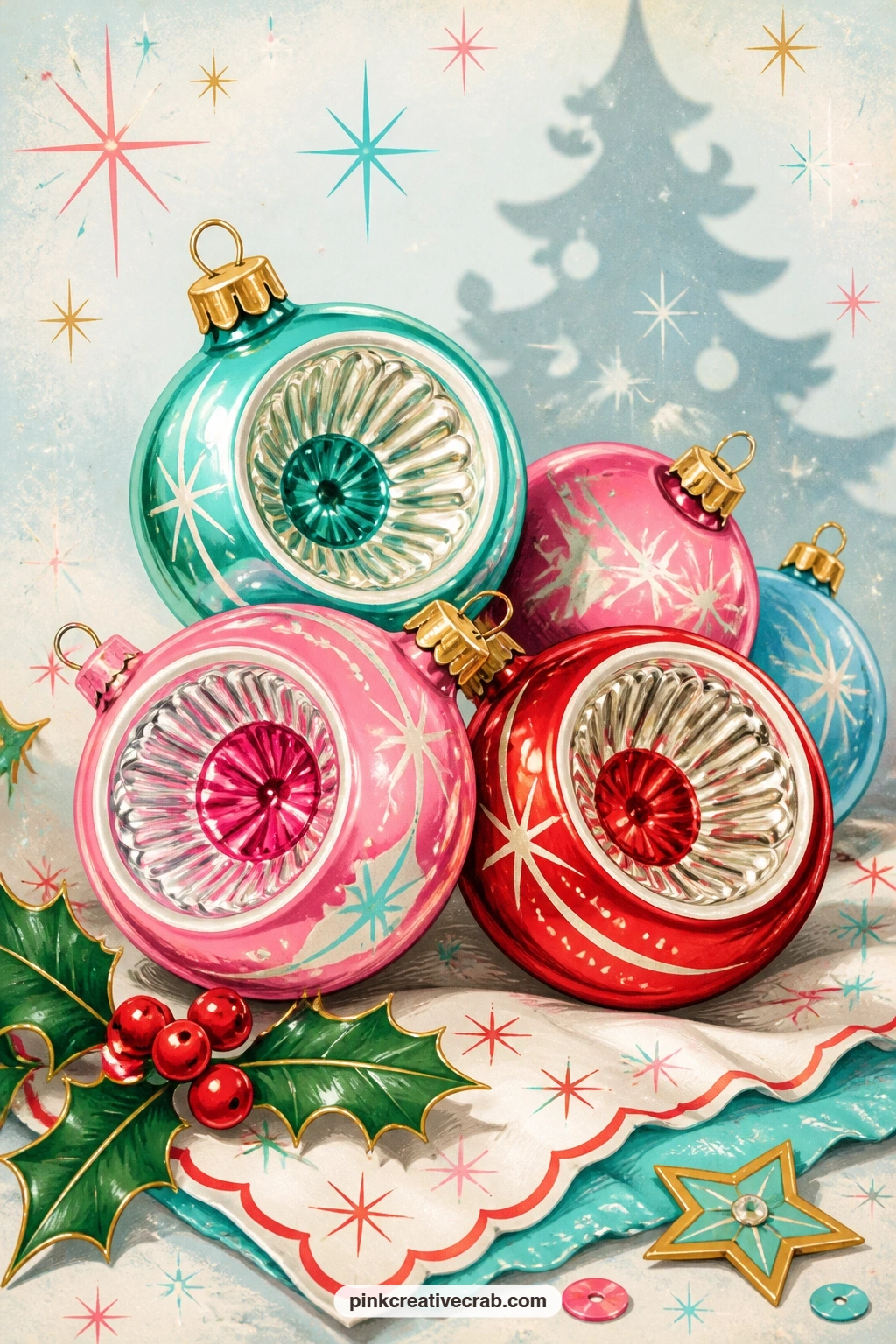 Pile Of Reflector Baubles printable page — Pair this page with the ornament box divider grid background from later in this set: use the grid paper as a pocket