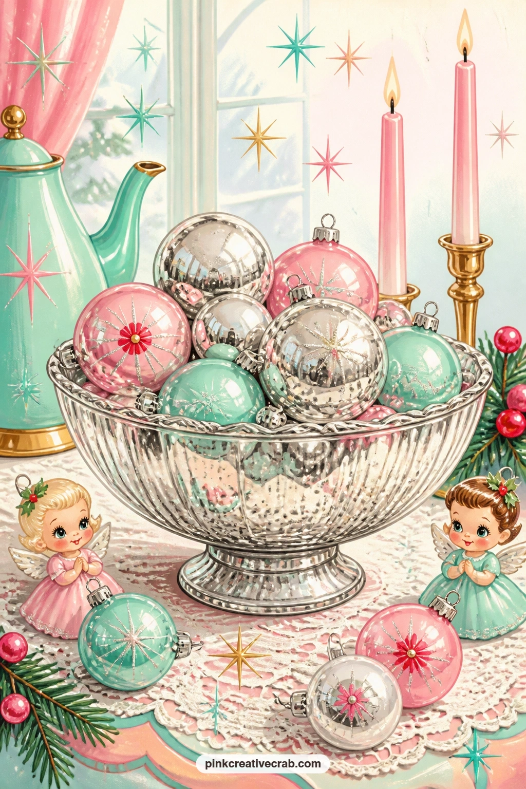 Mercury Glass Bowl On Lace printable page — Good for the collector in your life who loves a quiet tablescape more than a busy tree: this page suits a gift