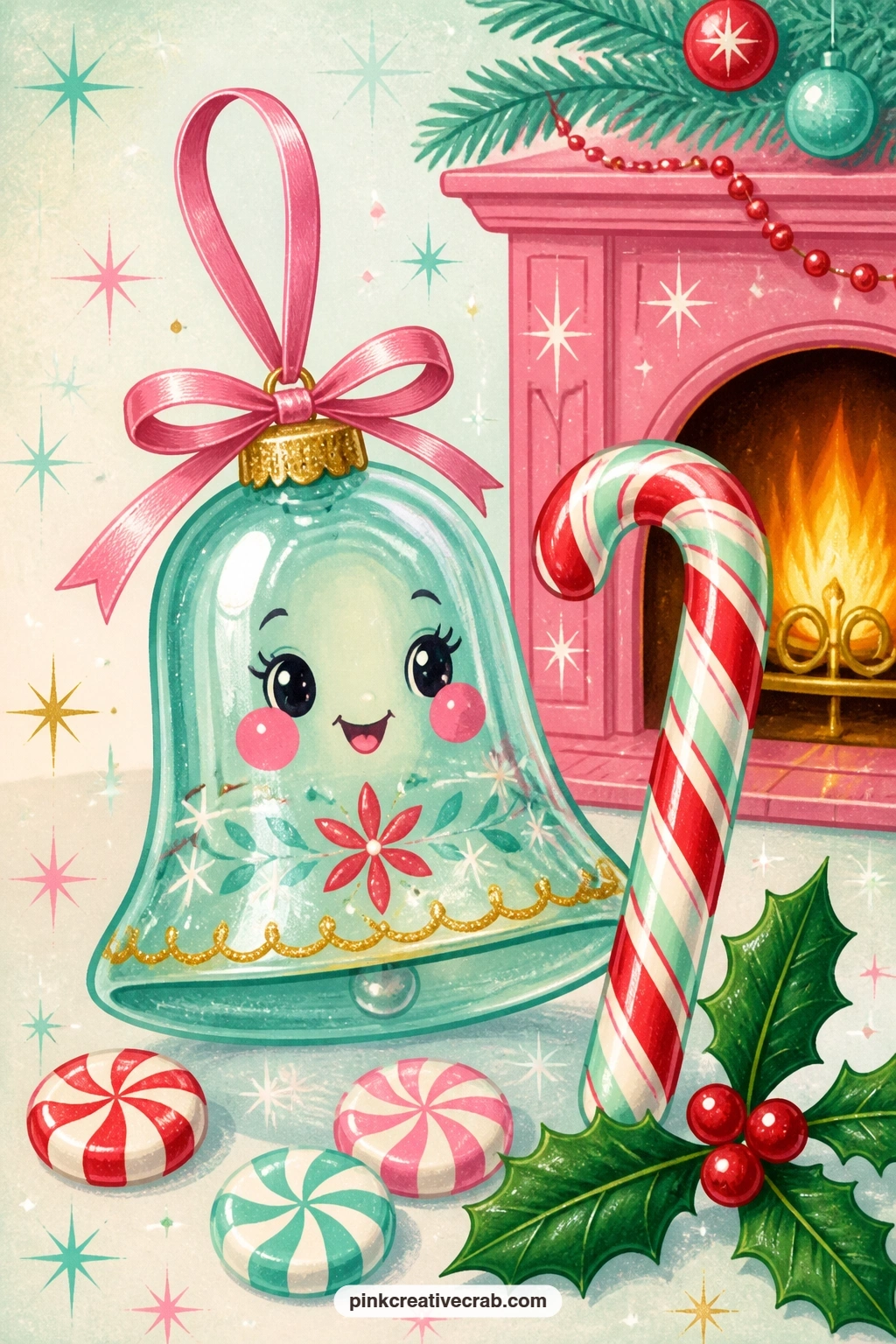 Glass Bell And Candy Cane printable page — Set this page facing the mantel garland page later in this set: the bell's ribbon loop echoes the garland's ribbon
