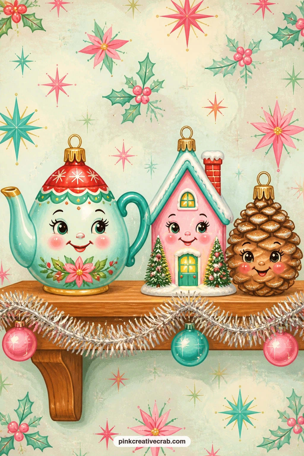 Shelf Of Figural Ornaments printable page — Three figural ornaments line up on a narrow painted shelf, a teapot, a tiny house with a lit window and a pine