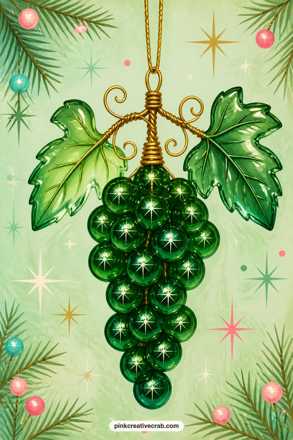 Deep Green Grape Cluster Ornament printable page — This cluster of deep green glass grapes hangs from a short gold wire, with two smaller glass leaves and a