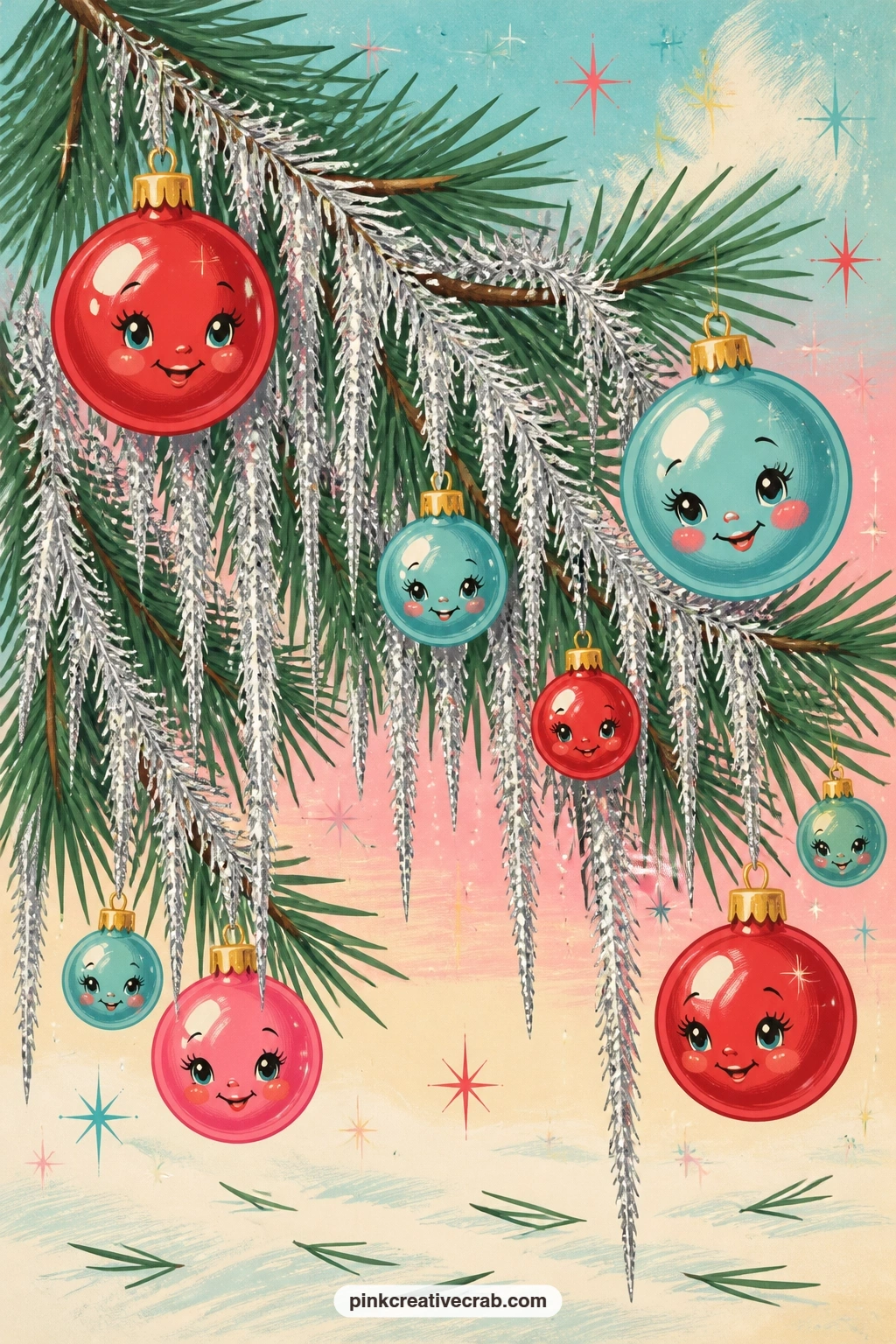 Branch Heavy With Tinsel Icicles printable page — Keep the five-minute version simple: color the icicles and two round baubles in silver and red, then leave
